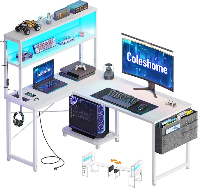 Coleshome L-format Gamingbord med LED Belysning,110x80cm, Vit