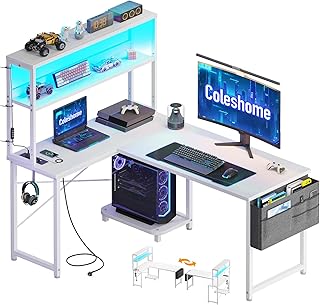 Coleshome Escritorio Gaming en L con LED y Enchufes, 110 × 80 cm Escritorio Gamer Reversible con Estantes, Escritorio Es...