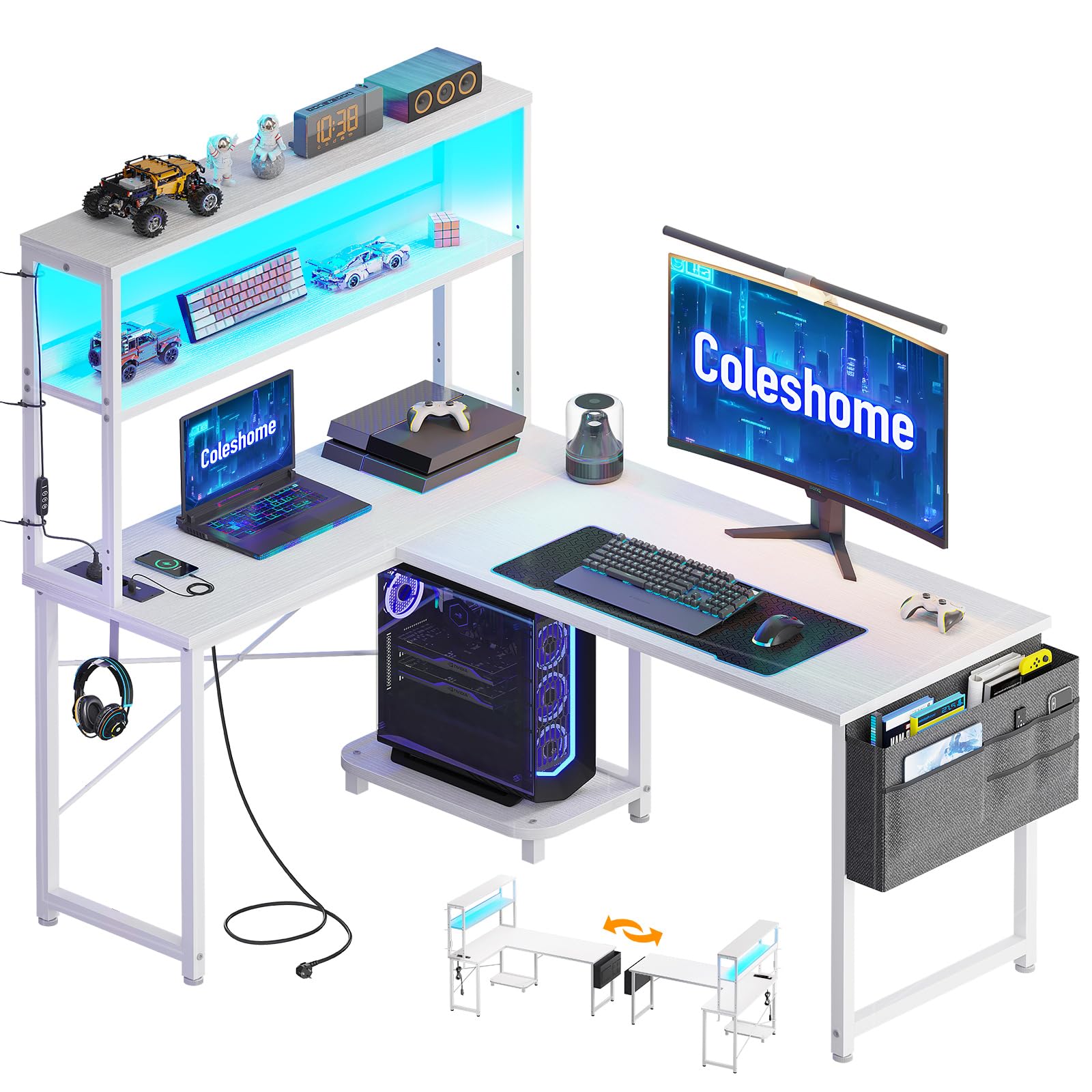 Coleshome Scrivania Gaming con LED e prese, 110 × 80 cm Scrivania Gaming Angolare Reversibile con scaffali portaoggetti, Scrivania Angolare con borsa portaoggetti per Giocatori, Bianco