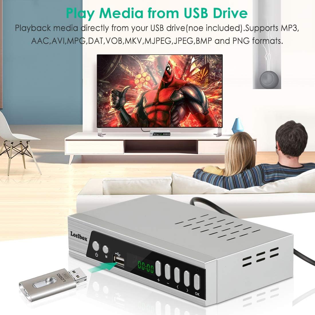 Leelbox S3 playing media from USB drive on a television