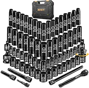 BOEN 1/2" Drive Impact Socket Set, 72 Piece Standard SAE (5/16"-1-1/4") & Metric (8-24 mm), Deep & Shallow Kit | Includes Ratchet Handle & Adapters | 3 ", 5", 10" Extension Bar