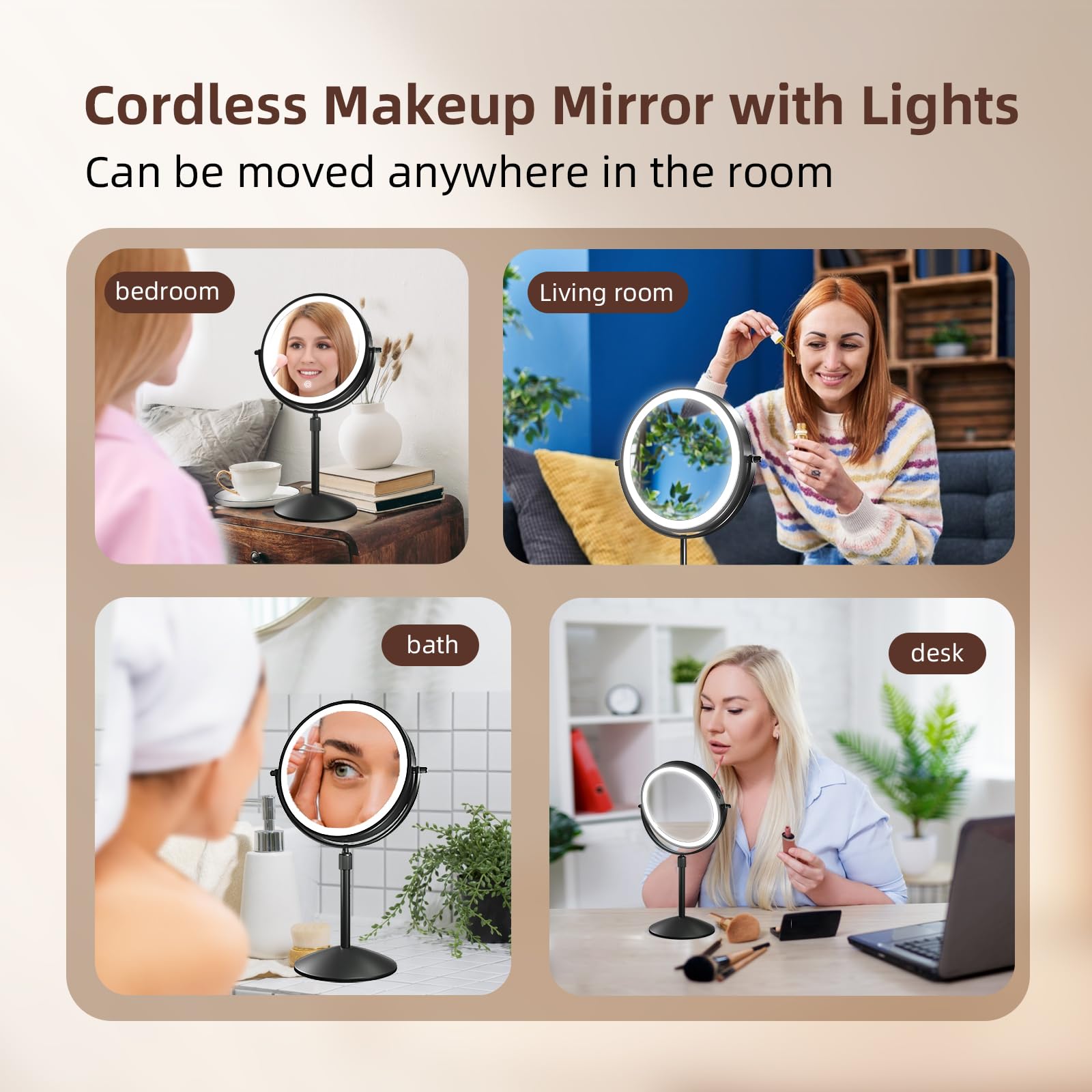 Omobolanle Specchio da trucco da 17,8 cm con luci, ingrandimento 10x, regolabile in altezza, specchio per trucco illuminato per scrivania, ricaricabile a 360°, girevole a 360°, specchio cosmetico a