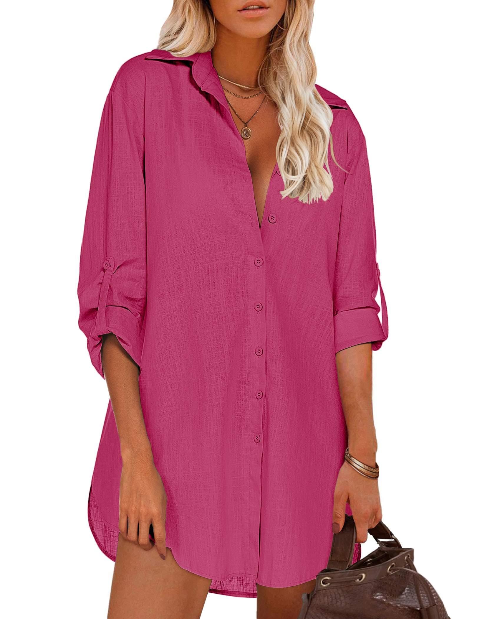 HOTOUCH Women Boyfriend Shirts Button Down Long Sleeve Blouse Cuffed Sleeve Collared Shirt
