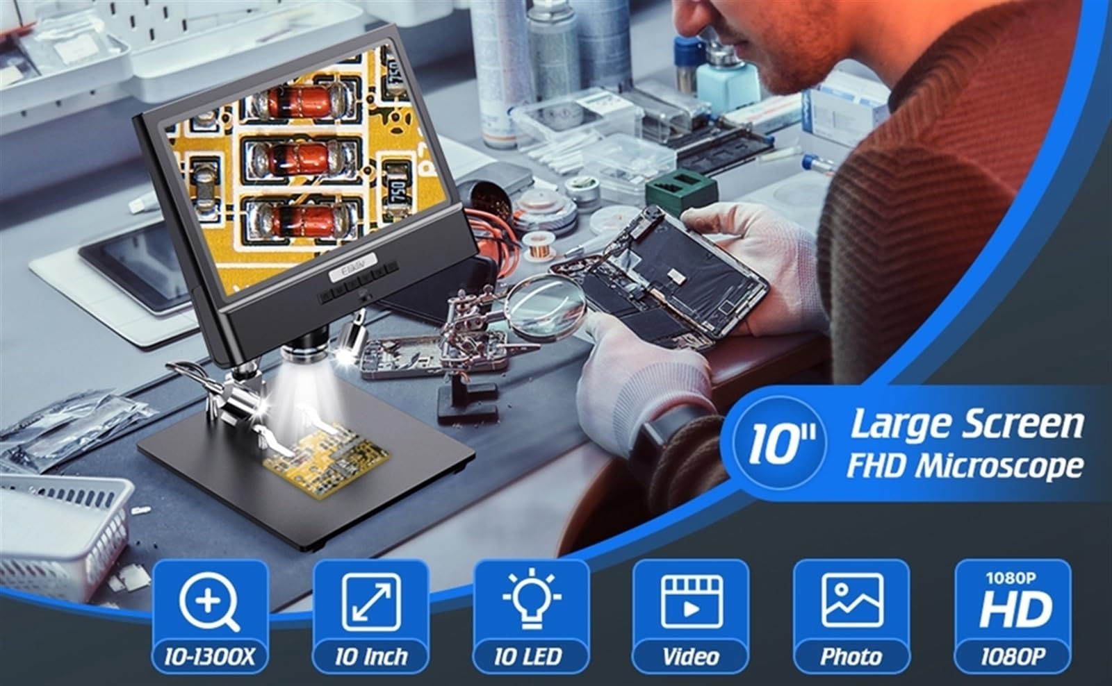 Microscopio, Microscopio Digital DM12 de 10 Pulgadas, microscopio Soldadura 1300X con Base Soporte Metal, cámara vídeo LED 12MP y 1080P