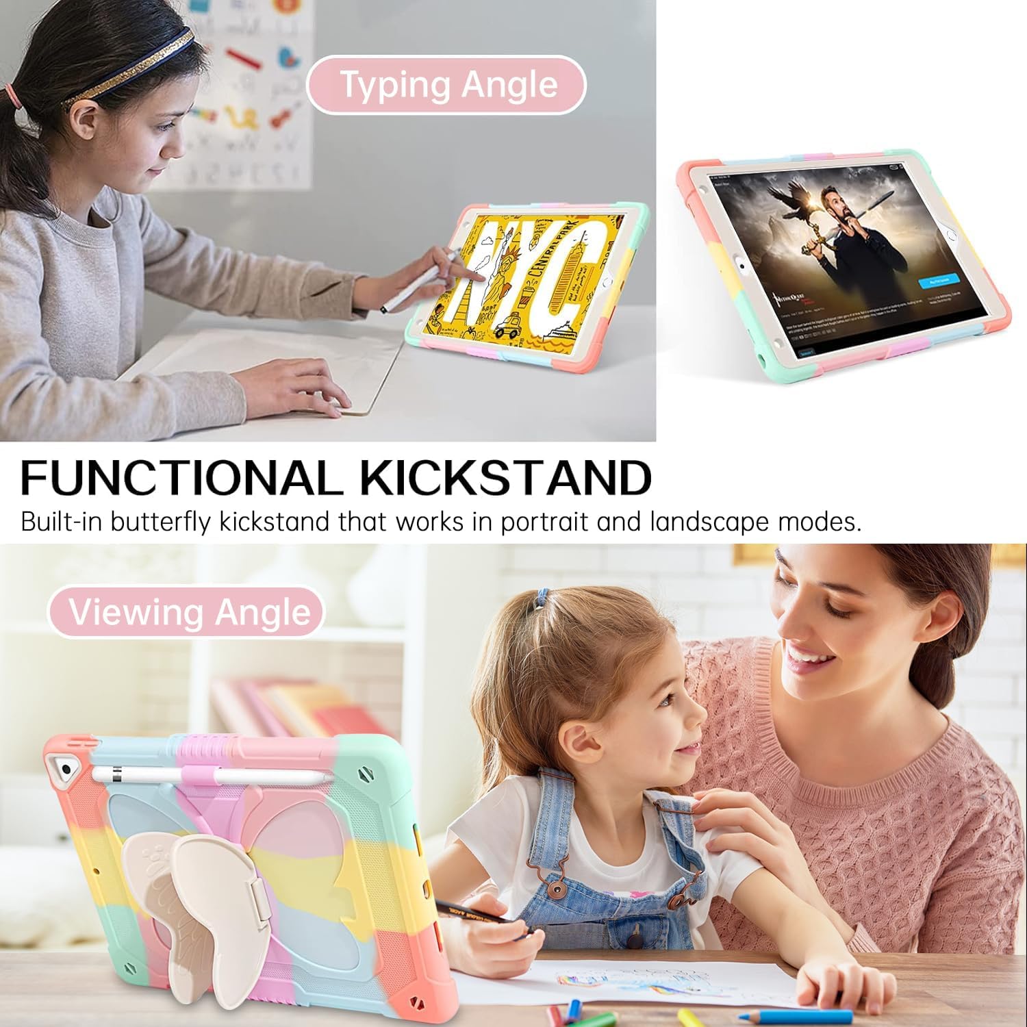DreamerX Kids Case for iPad 9.7" 2018 2017/iPad Air 2/Pro 9.7 - Shockproof Rugged Butterfly iPad Case 6th Generation/5th Gen with Stand Shoulder Strap Pencil Holder for iPad Air 2/iPad Pro 9.7 Cover
