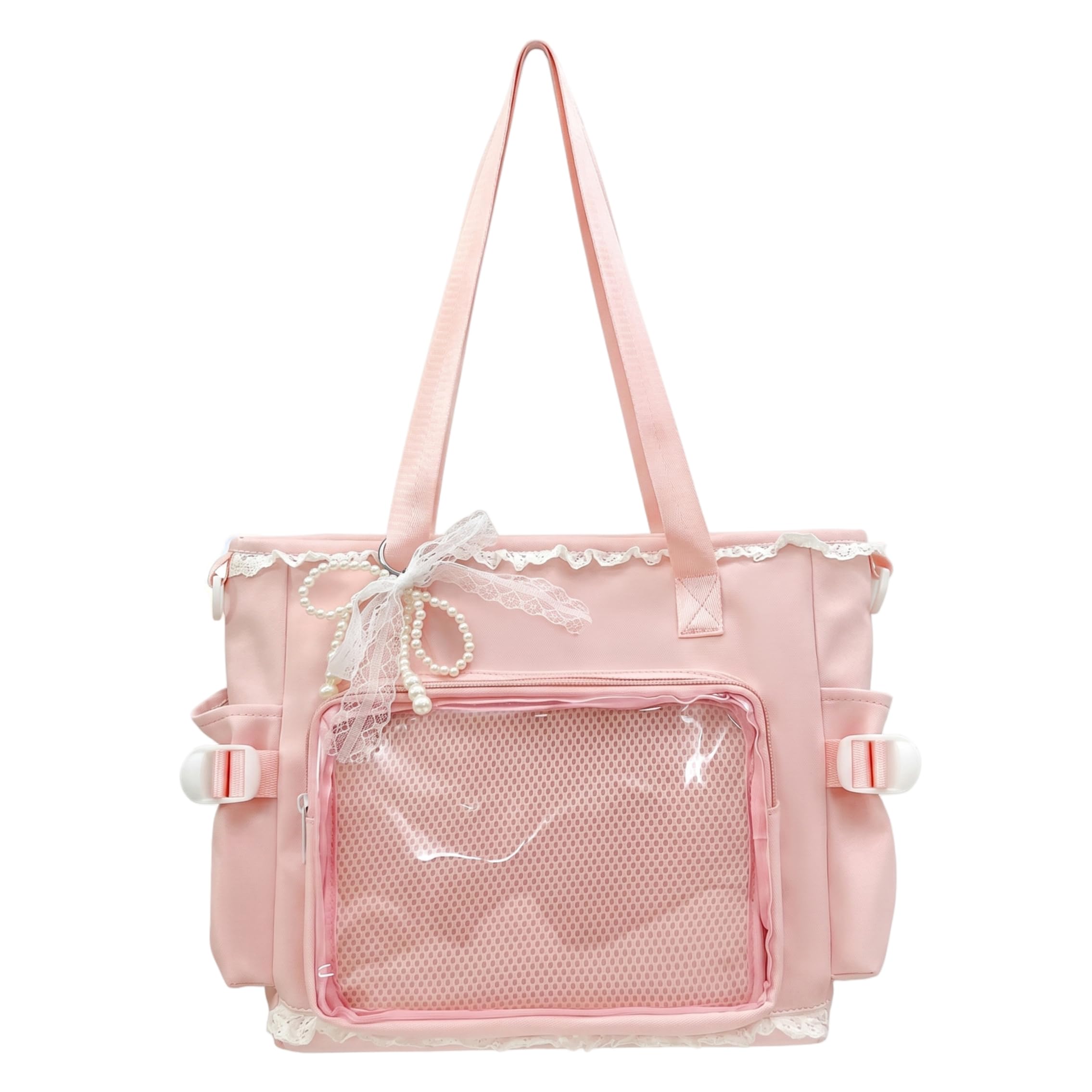 Ameble Unisex Pink Ita Bag With Clear Pin Display Window, Lace & Bow Accents Tote Crossbody Purse With Pendant, Kawaii Messenger Bag For Collectors, Cute Anime, Charm
