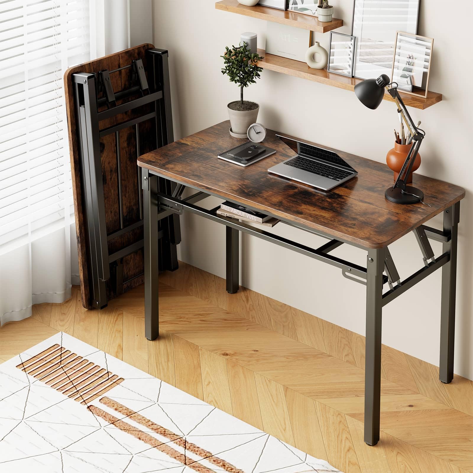 BYMECOST 80 cm großer Klapptisch, kleiner Schreibtisch, keine Montage, Computertisch mit Ablage, keine Installation, kleiner faltbarer Tisch für Heimbüro, Arbeitszimmer für kleinen Raum (Braun, 80 cm)