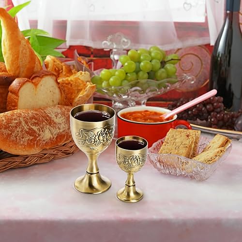 Miniatura 8 de DEAYOU Paquete de 2 mini copas de cáliz vintage, copa de comunión dorada en relieve de flores, apta para alimentos, resistente copa de vino de latón