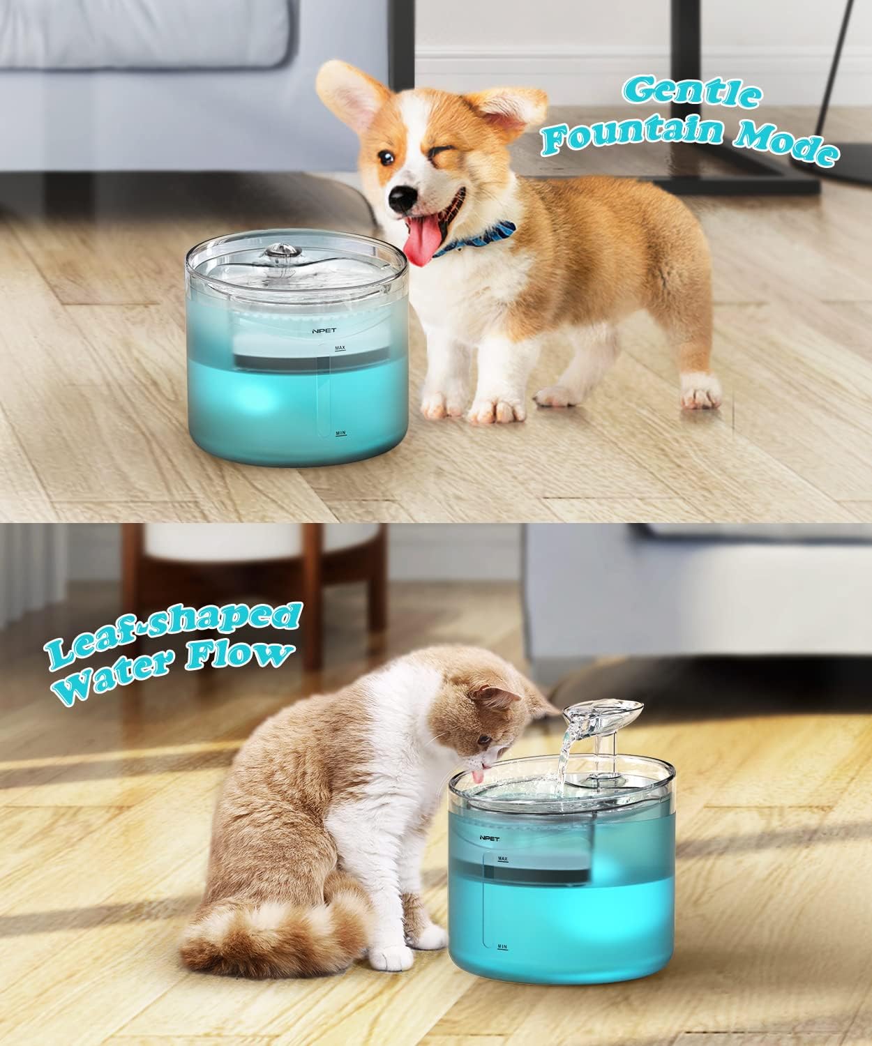 NPET WF100 Cat Water Fountain showing gentle and leaf-shaped flow modes