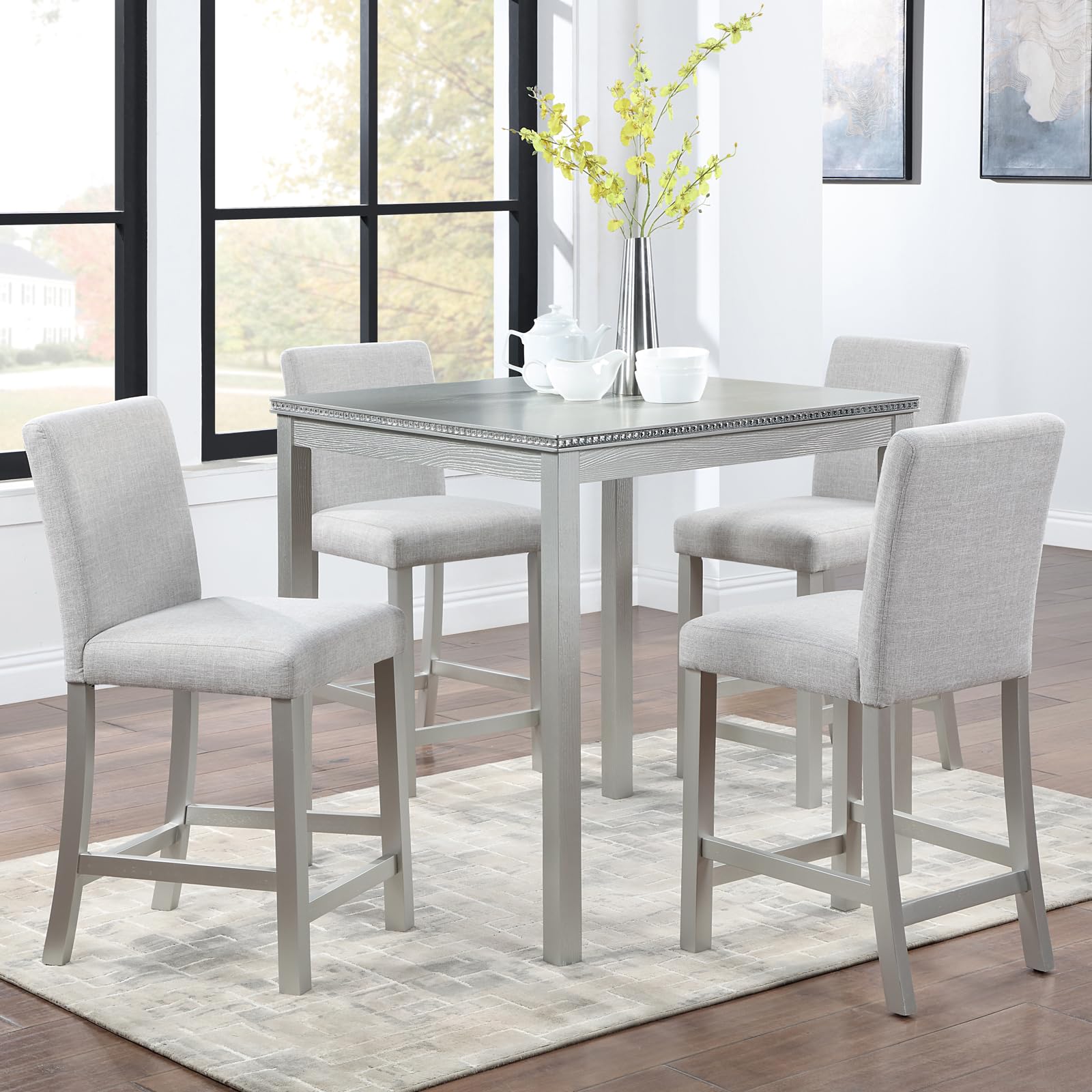 KEIKI 5-Piece Counter Height Dining Table Set with Square Table and 4 Upholstered Chair, for 4 Person, Modern Crystal Decoration Wooden Table Set, Easy Assembly, for Kitchen, Dining Room, Silver Grey