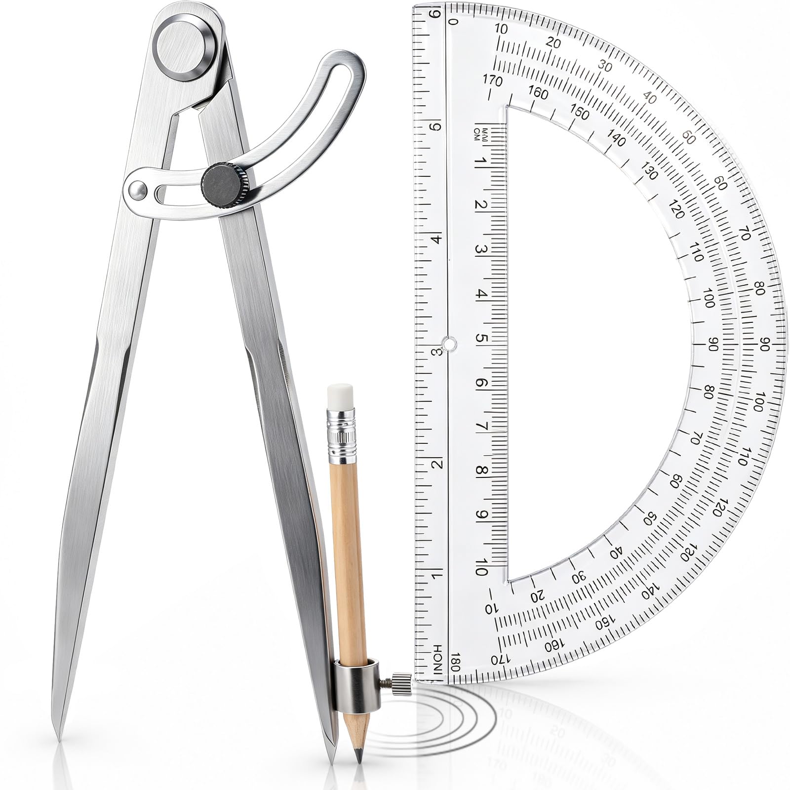 8 Inch Professional Compass for Woodworking with Wing &amp; Protractor, Clear