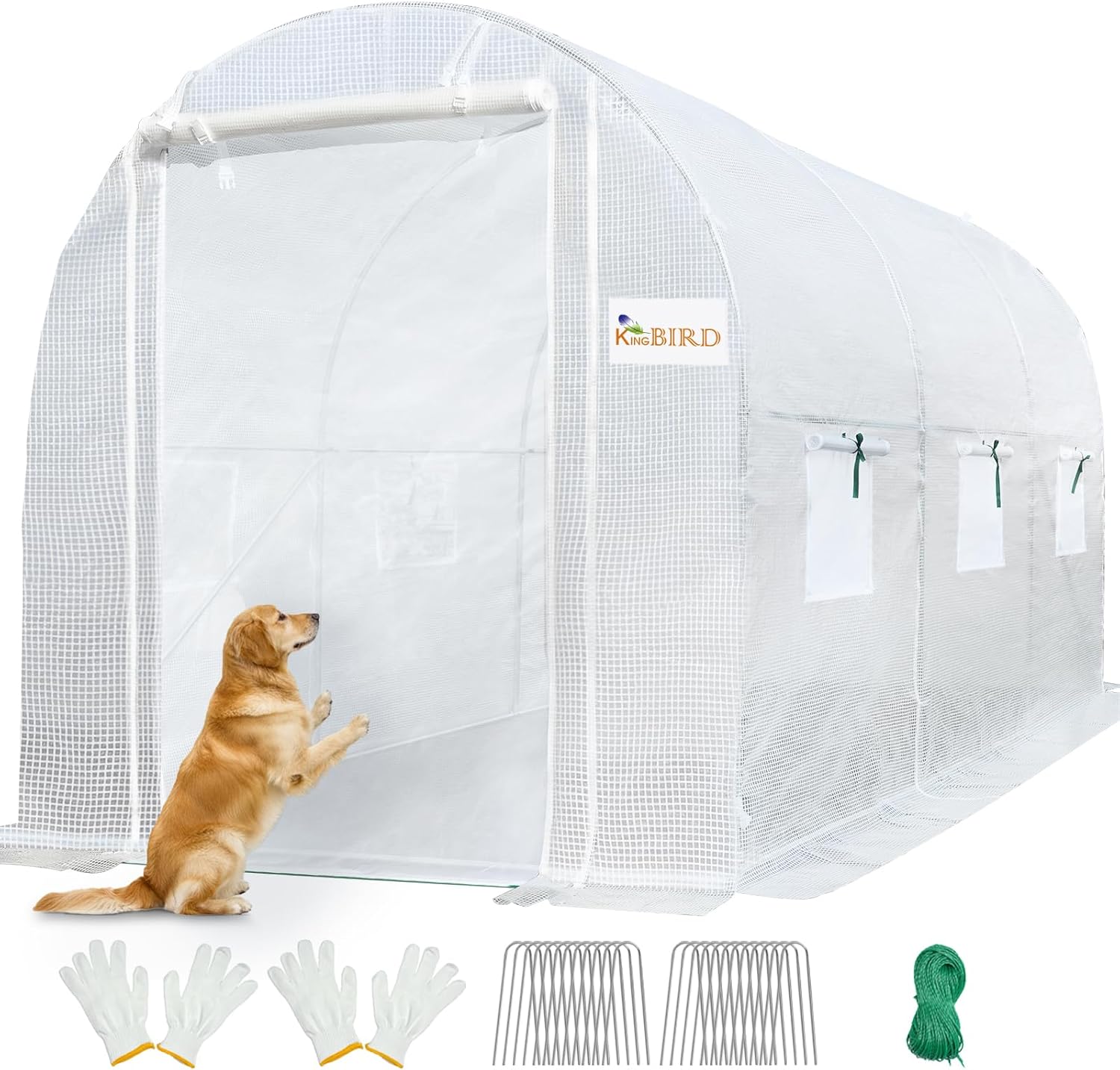 KING BIRD Premium 10x6.6x6.6FT Greenhouse for Outdoors, Large Walk-in Heavy Duty Galvanized Steel Frame, Mesh Door Screen Window Upgraded Zipper Tunnel Hoop for Garden Plant Winter, White