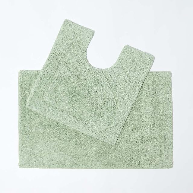 HOMESCAPES Luxury 2 Piece Bath Mat Set 50 x 80 cm and 50 x 55 cm Sage Green - 100% Cotton Bathroom Mat and Pedestal Mat - Machine washable Bath Rugs in First Class Quality