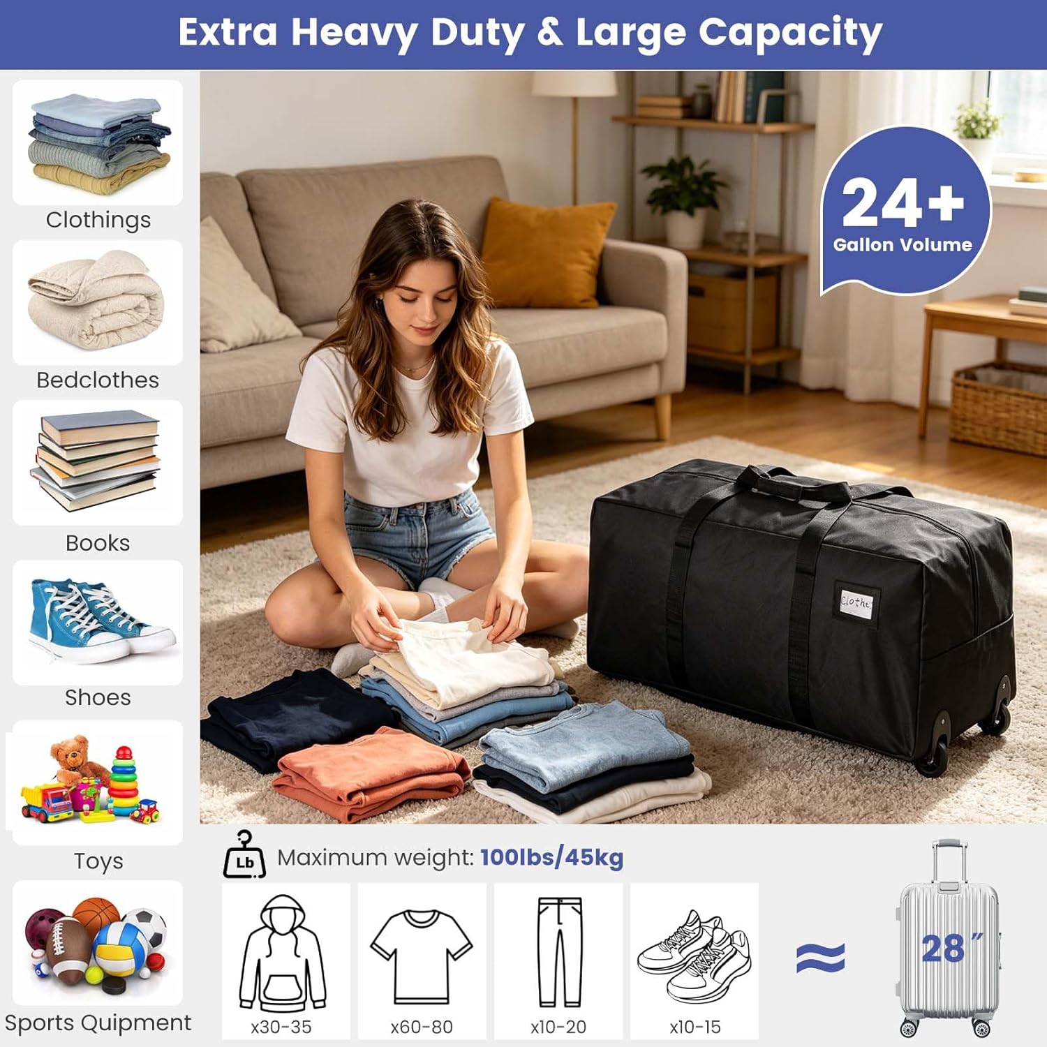 Heavy Duty Moving Bags with Wheels, 2 Pack Extra Large 92L Moving Boxes for Women College Seniors, Foldable Rolling Duffel Bag for Travel - Easy Move Rolling Clothes Storage Bags