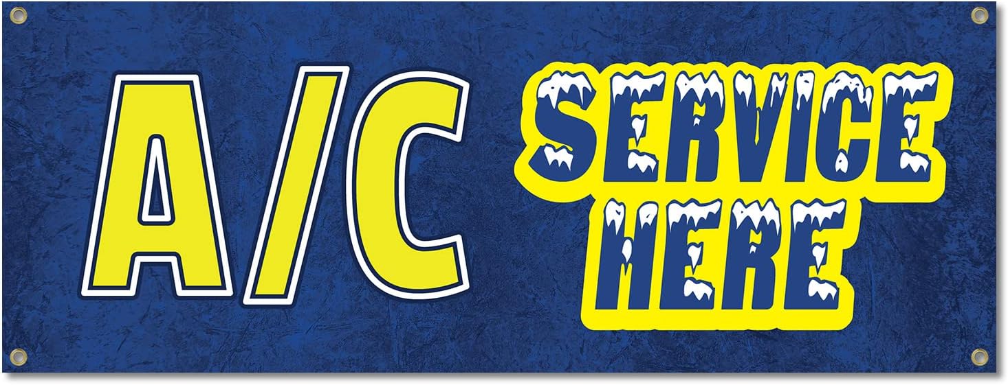 A/C Service Here | 18" X 48" Banner | Outdoor Vinyl Sign with Grommets | Air Conditioning Auto Repair Shop Mechanic Services | Made in The USA