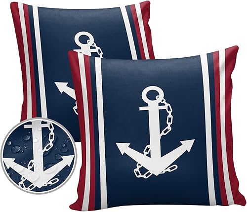 Juego de 2 fundas de almohada impermeables para sofá, fundas de almohada decorativas con ancla blanca náutica, azul marino, rojo, 18 x 18 pulgadas,