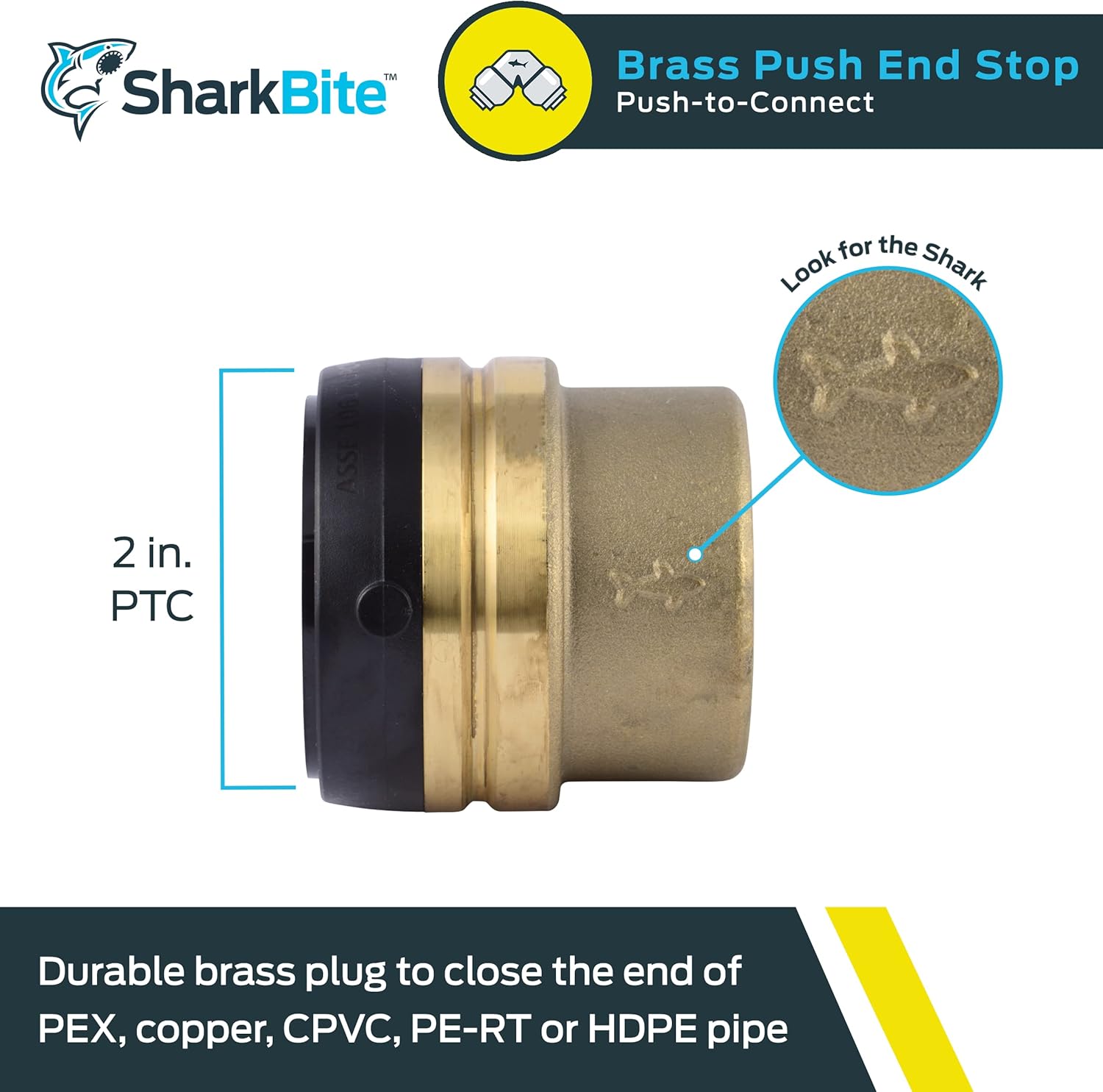 SharkBite 2 Inch Push Cap, Push to Connect Brass Plumbing Fitting, PEX Pipe, Copper, CPVC, PE-RT, HDPE, UXL0454