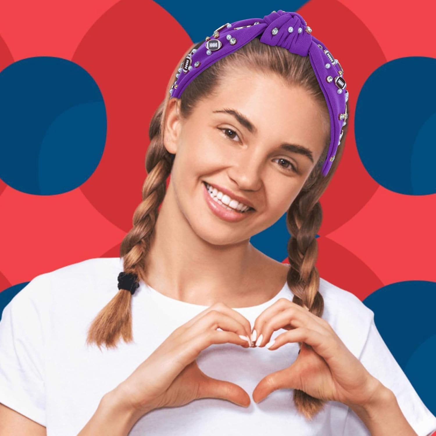 YARIEW Football Headband for Women Pearl Rhinestone Jeweled Knotted Headband Fashion Headband Wide Game Day Sports Hair Accessories Gift for Football Mom Fans Christmas (Purple) - Image 6