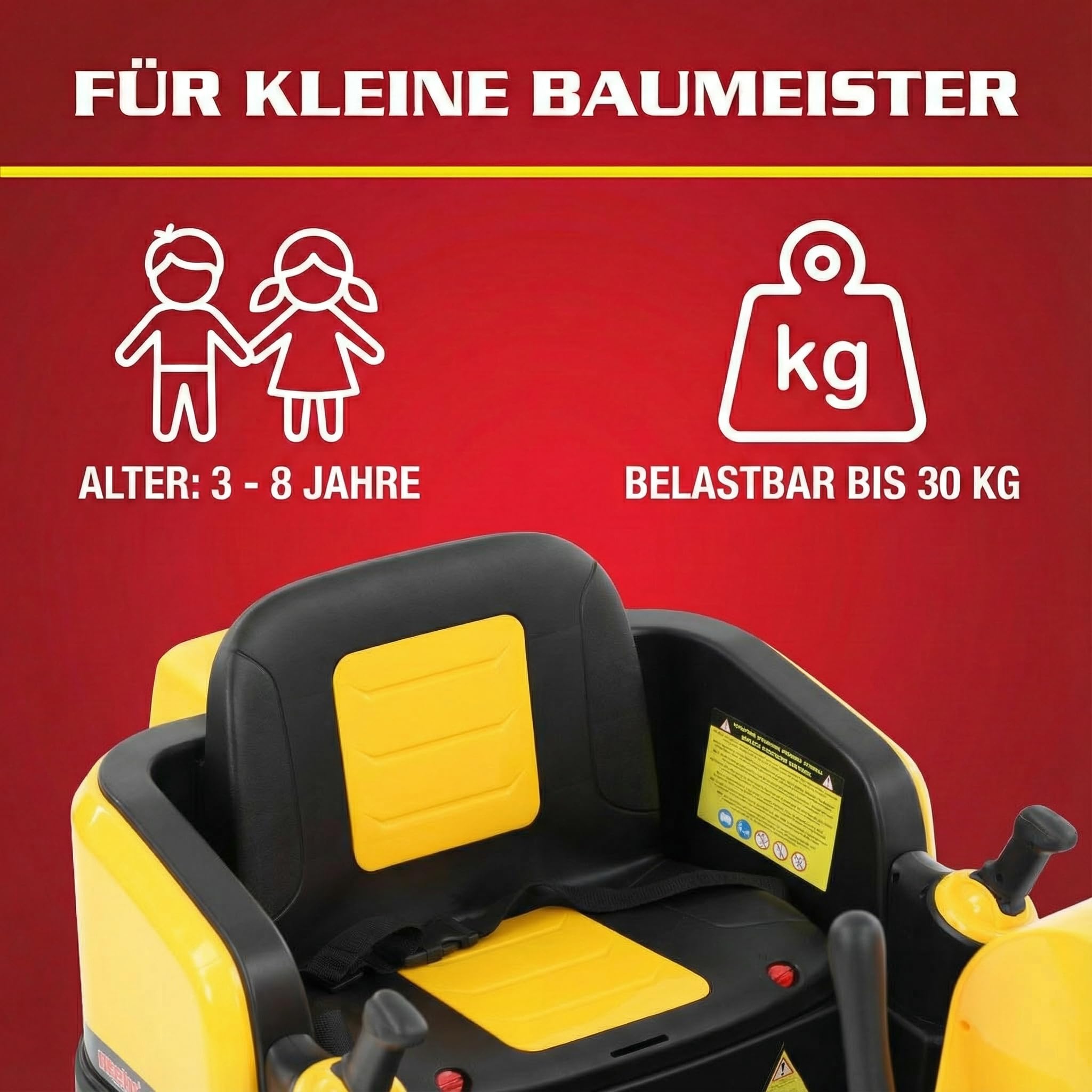 HECHT Elektro Kinderbagger 12V ab 3 Jahre bis 30 kg | Elektrischer Aufsitzbagger zum Draufsitzen, mit Fernbedienung, 2x50W Motor, Schaufel und Sound
