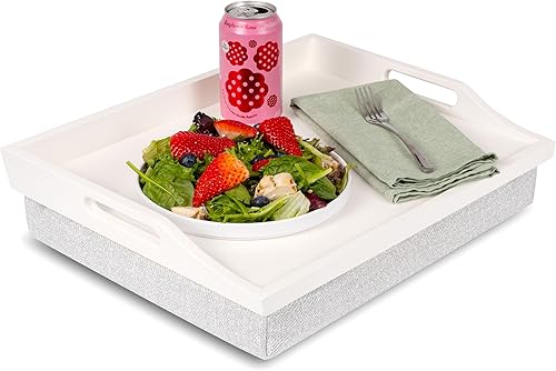 Miniatura 7 de ROSSIE HOME Bandeja de madera para cama con cojín desmontable, bandeja para servir, color gris relajante, se adapta a portátiles de hasta 15.6
