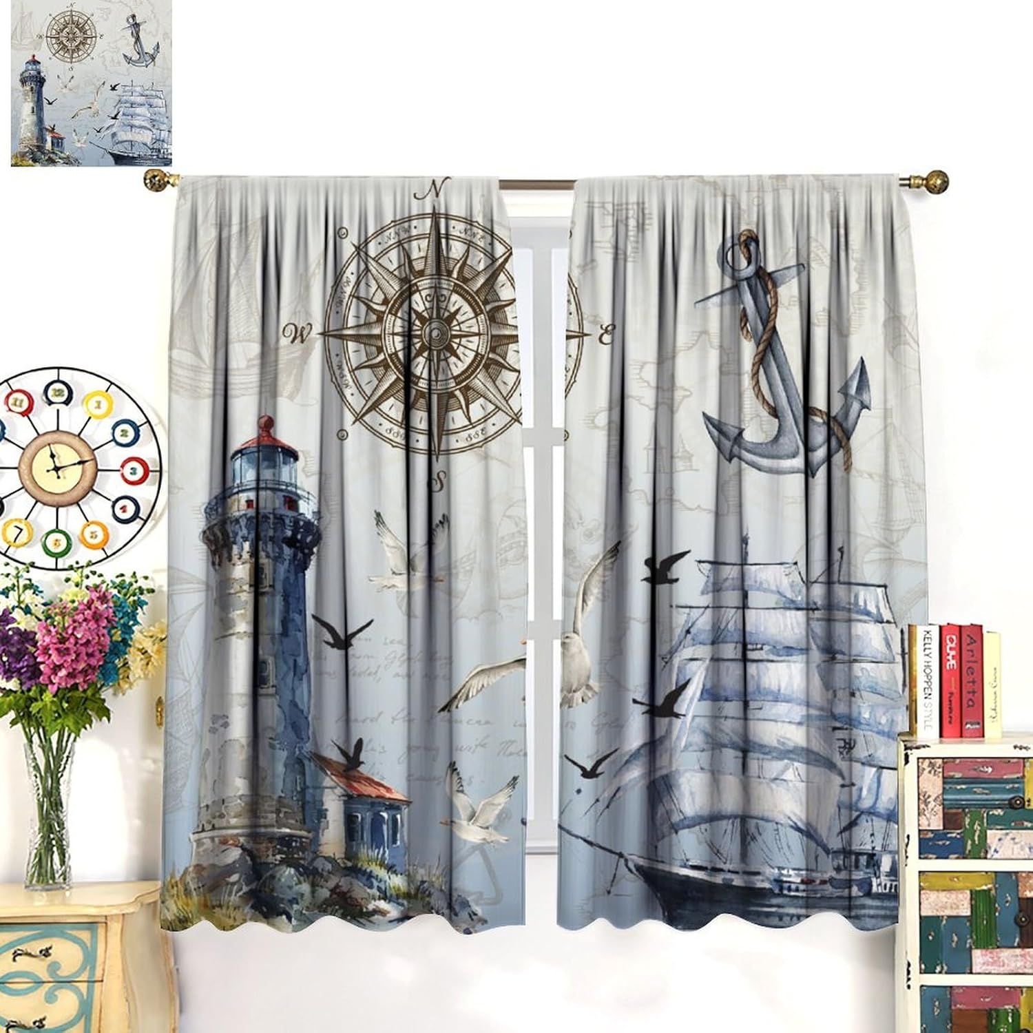 Nautical Lighthouse Curtains, Coastal Ocean Beach Vintage Sailboat Old Maps Sea Gulls Blackout Window Curtains for Kids Boys Teens Bedroom Livingroom, 42" W X 63" L