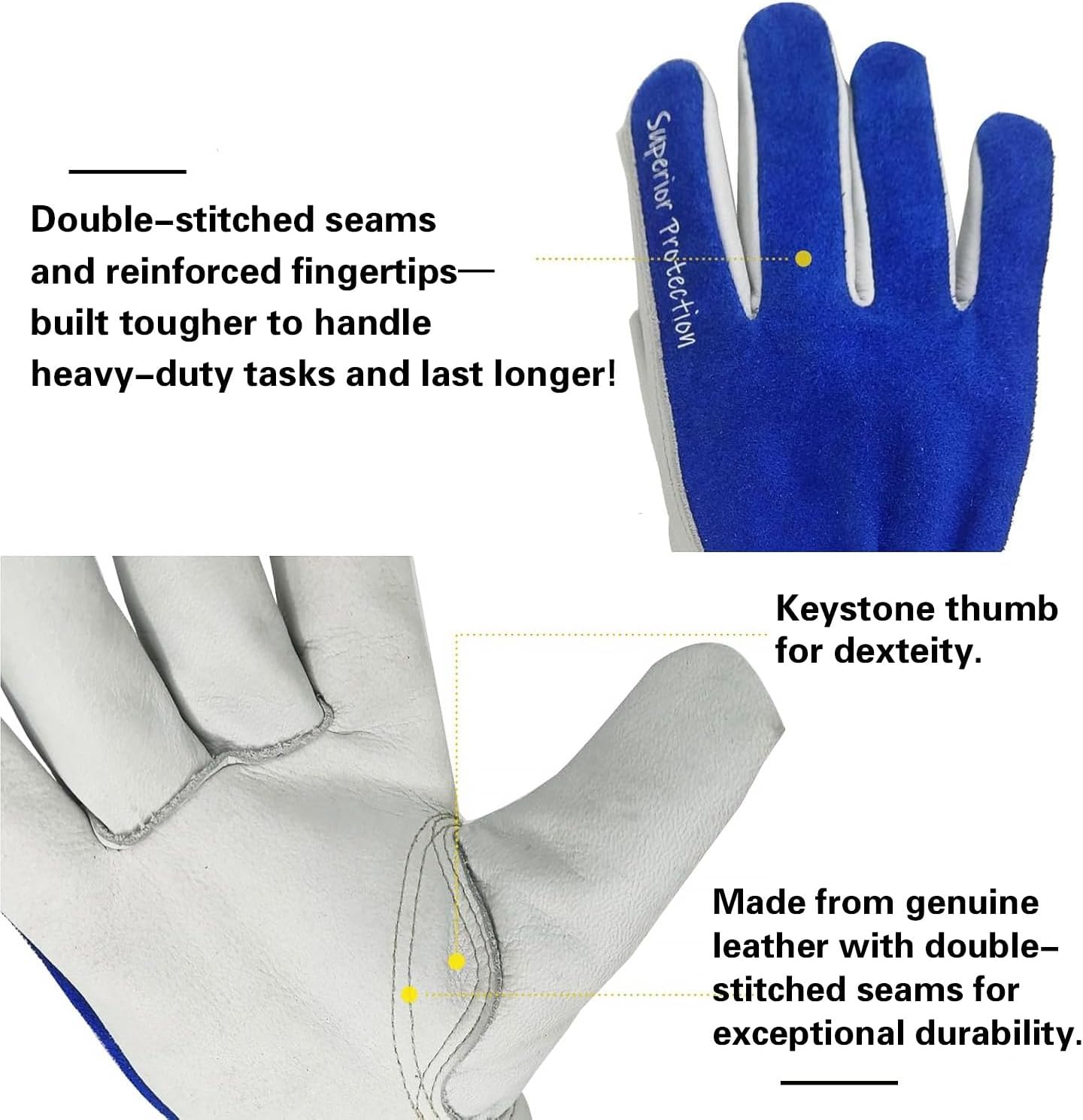 12 Pairs Bulk Leather Work Gloves for Men or Women for Construction, Wood cutting, Driving, Water Resistant, Keep warm, Soft, Cowhide, Class 4 Abrasion Resistant, Blue-White, L