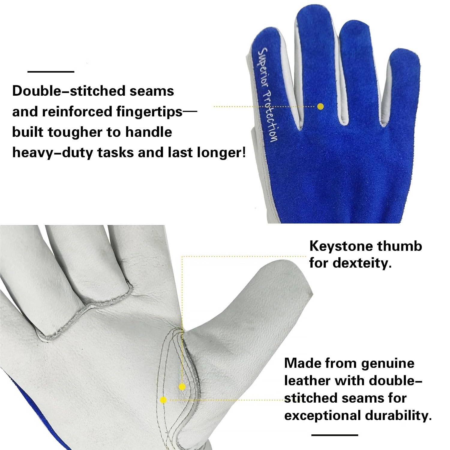 Lot de 12 paires de gants de travail en cuir pour homme ou femme pour la construction, la coupe du bois, la conduite, le jardinage, la réparation automobile, résistant à l'eau, cuir de vachette