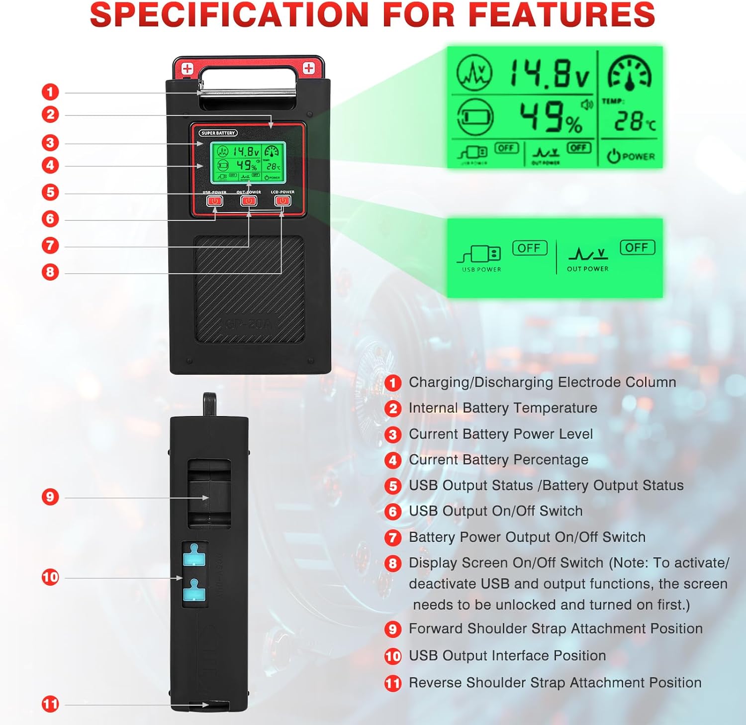 New Electric Reel Battery. 14.8V 20000mAh. Includes 1.5M Connecting Cable. Power Output. USB Port. Display. Three Modes Turn on or Off Individually. Smarter Battery Make Fishing More Fun.