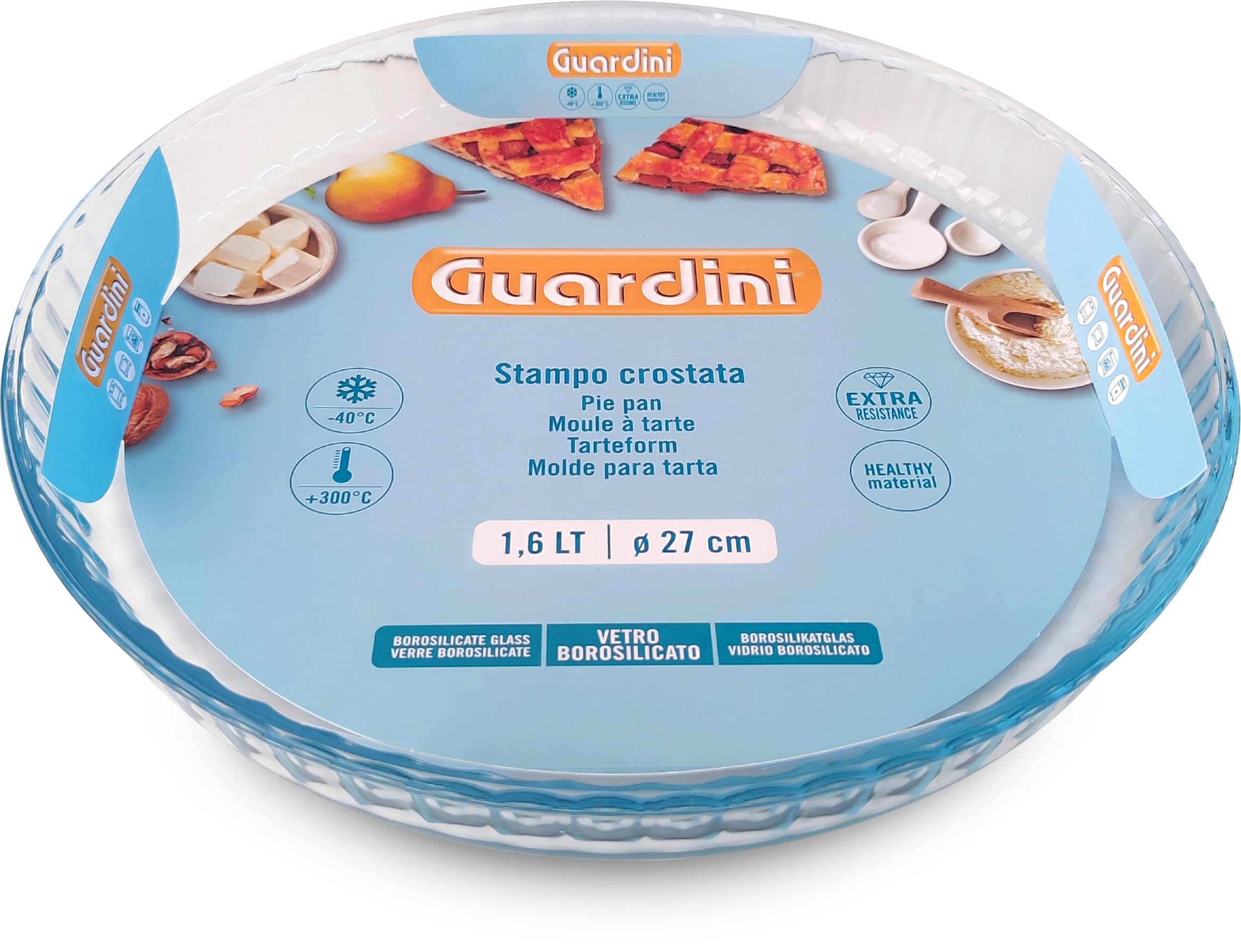Guardini, Moule à tarte, en verre borosilicaté, résistant aux chocs thermiques, Ø 27 cm - 1,6 L, transparent/bleu