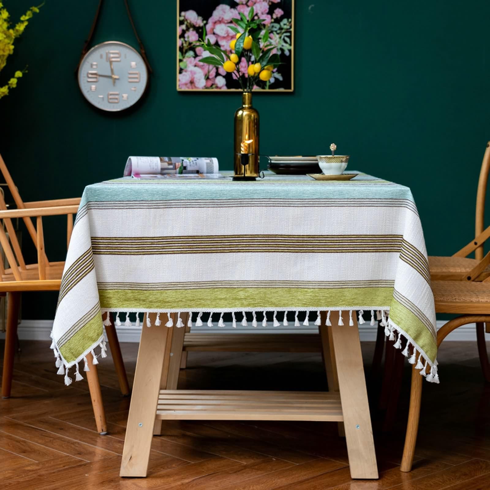 Tischdeko Elegant, Baumwolle Leinen Mehrfarbiges Streifenmuster Tischtuch für Küche, Picknick, Tischdekoration, Gelbgrün, 140 x 240 cm