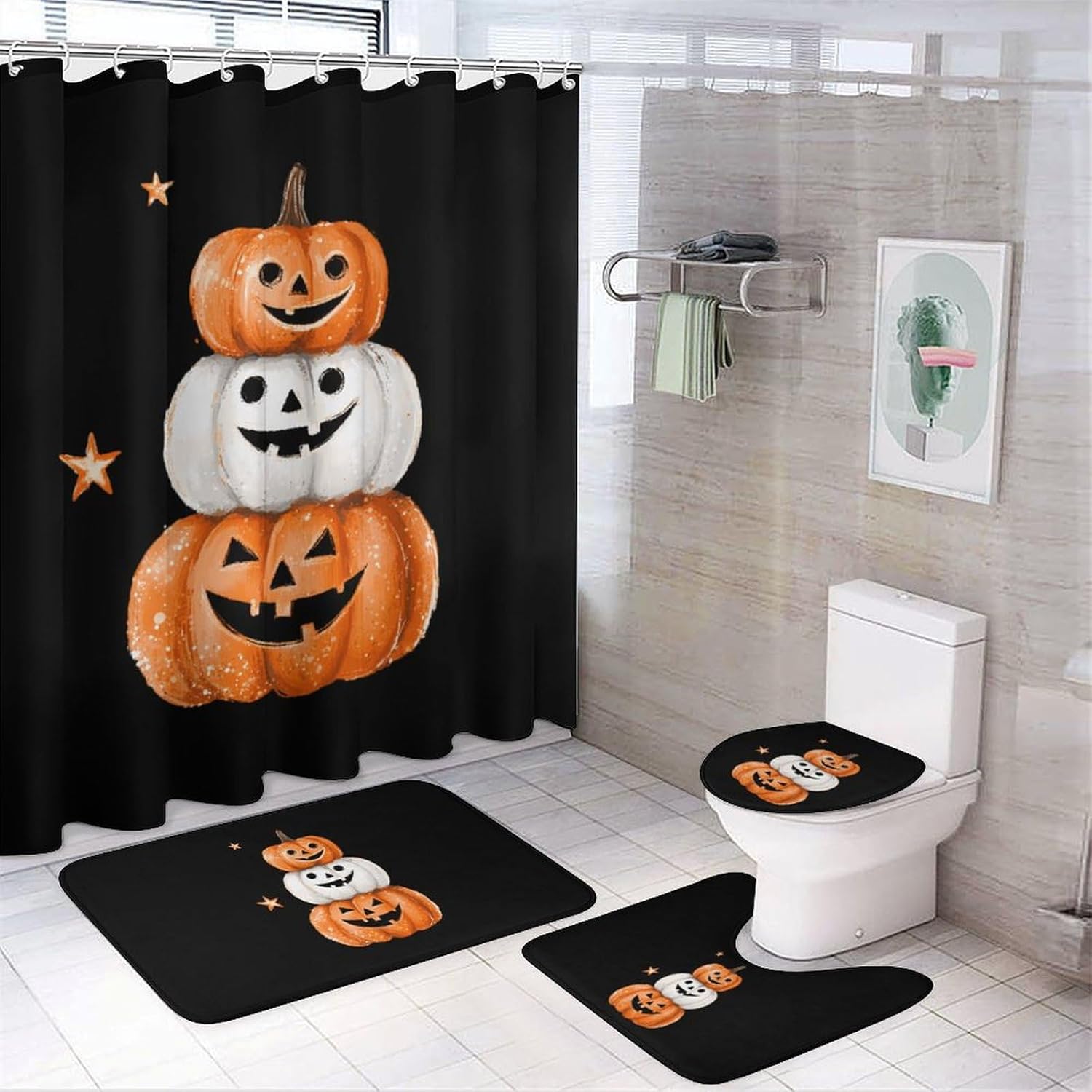 Halloween Cute Pumpkins Modern Bathroom Sets with Shower Curtain and Rugs Decor 4 Pcs with 12 Hooks
