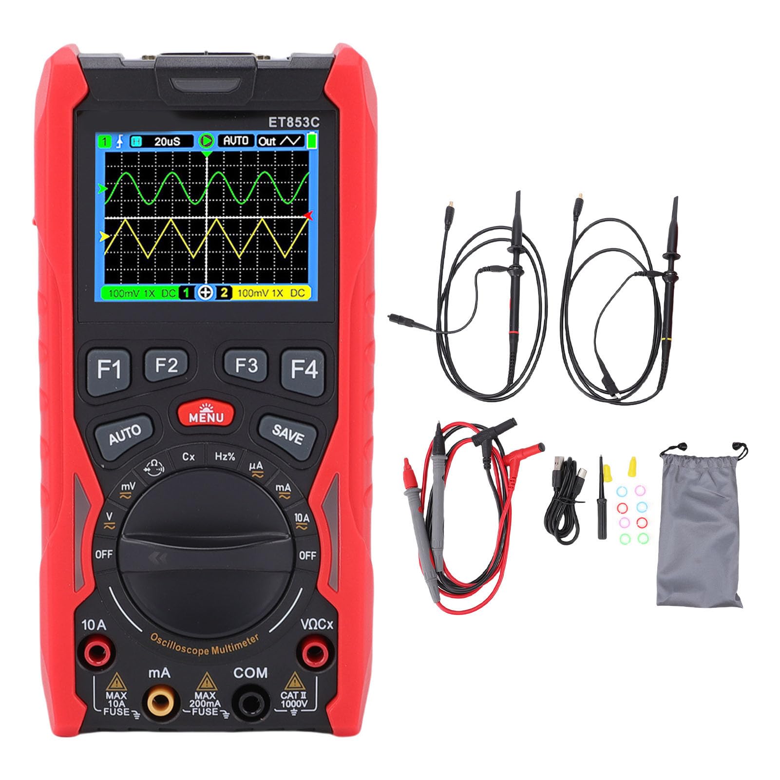 Akozon Multímetro de Osciloscopio Digital Multímetro 3in1 Generador de Mano 40MHz Ancho de Banda 200 Ms/s Tasa de Muestreo 20000 Recuentos para Pruebas de Laboratorio Electrónica