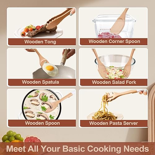 Miniatura 5 de Cucharas de madera para cocinar, 6 utensilios de cocina de madera de haya natural, cucharas de cocina de madera de agarre suave con agujero para