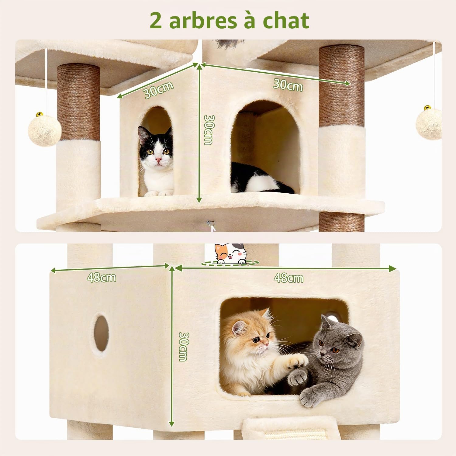 Globlazer Arbre à Chat Beige XXL pour Grand Chats 192cm avec Immense Niches 48*48*30CM, 3 Perchoirs Rembourré, Doux Panier, Planche Sisal, Arbres a Chat Stable pour 3-4 Chats Adulte Repos (F75, Beige)