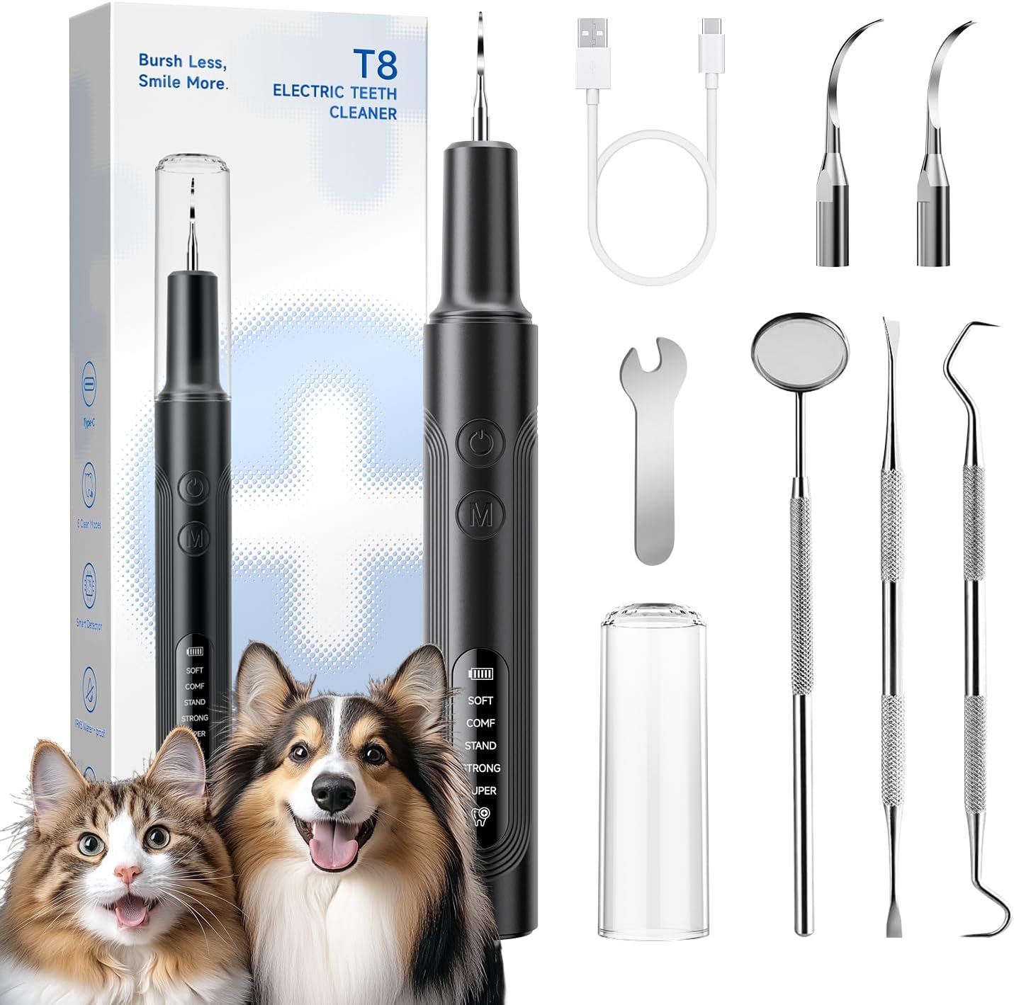 Jellytree Dog Plaque and Tartar Remover,Dogs Teeth Cleaning Kit with Led Light,5 Modes Dog Tooth Plaque Remover, Tooth Cleaner for Dogs and Cats USB Charge,Low Noise Tartar Remover for Teeth