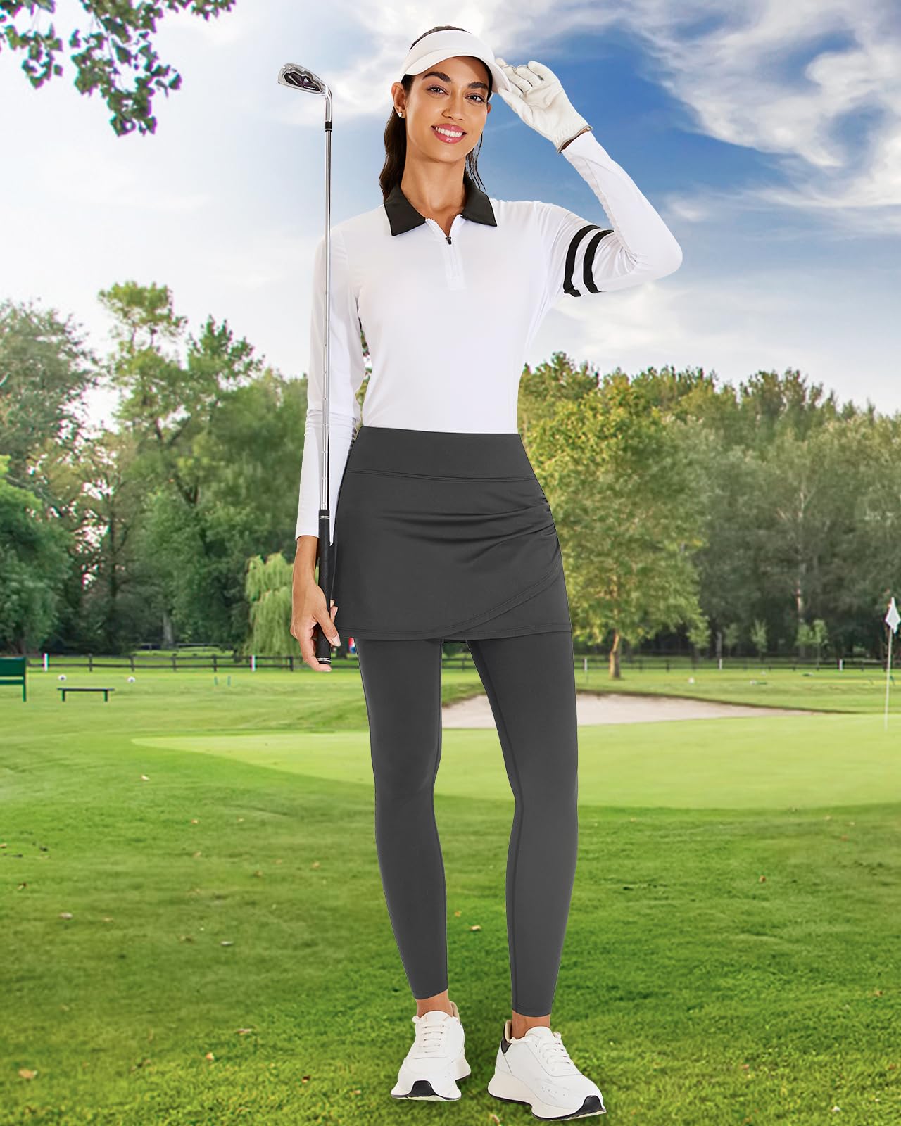 WOWENY Damen Leggings mit Rock Knöchelläng Laufhose Tennisrock mit Leggings mit Taschen Soft Rockhose Tennisbekleidung 2-in-1