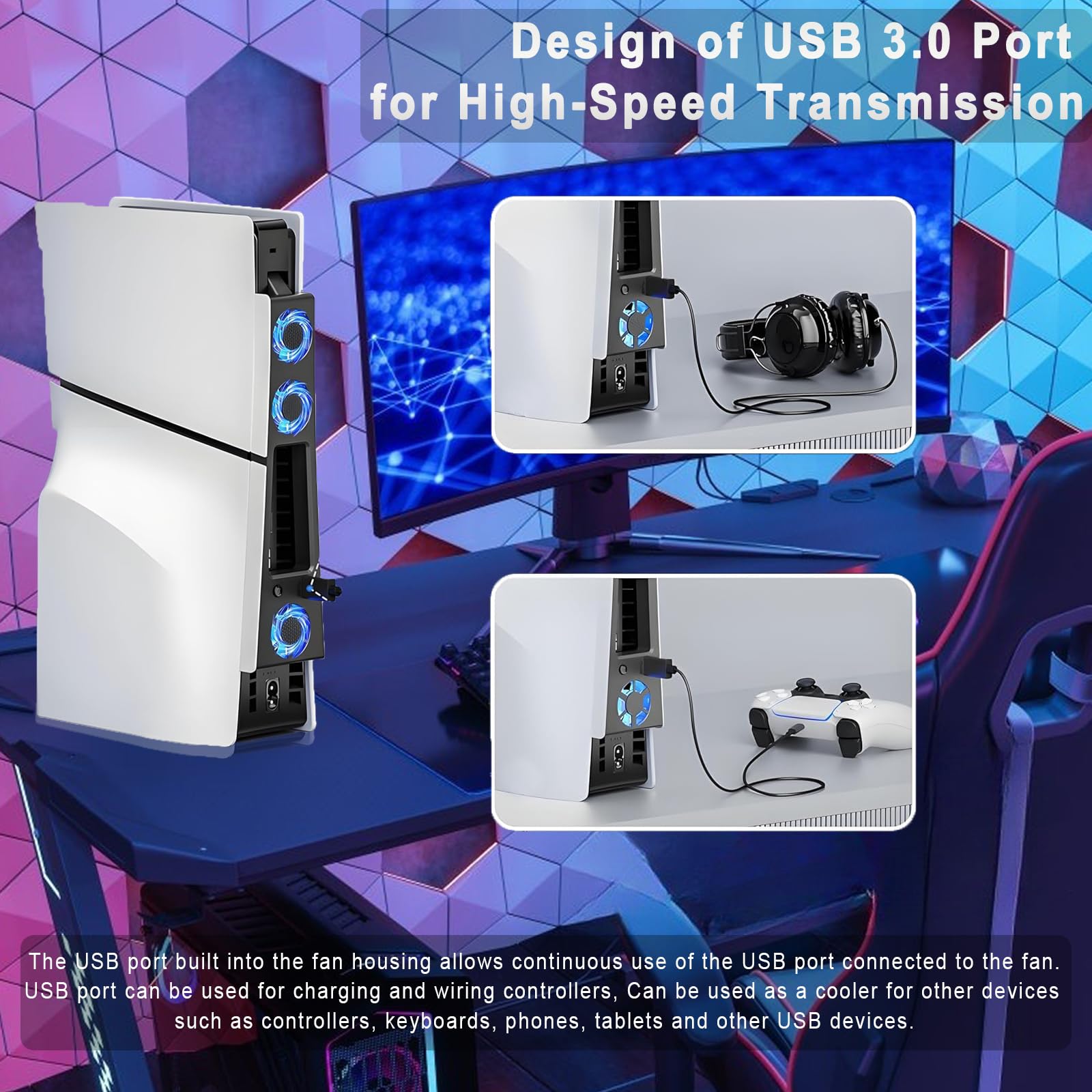 Wentylator do PS5 Slim, chłodzenie 2-stopniowe, LED, USB 3.0, kompatybilny z PS5 Slim Digital & Disc Edition