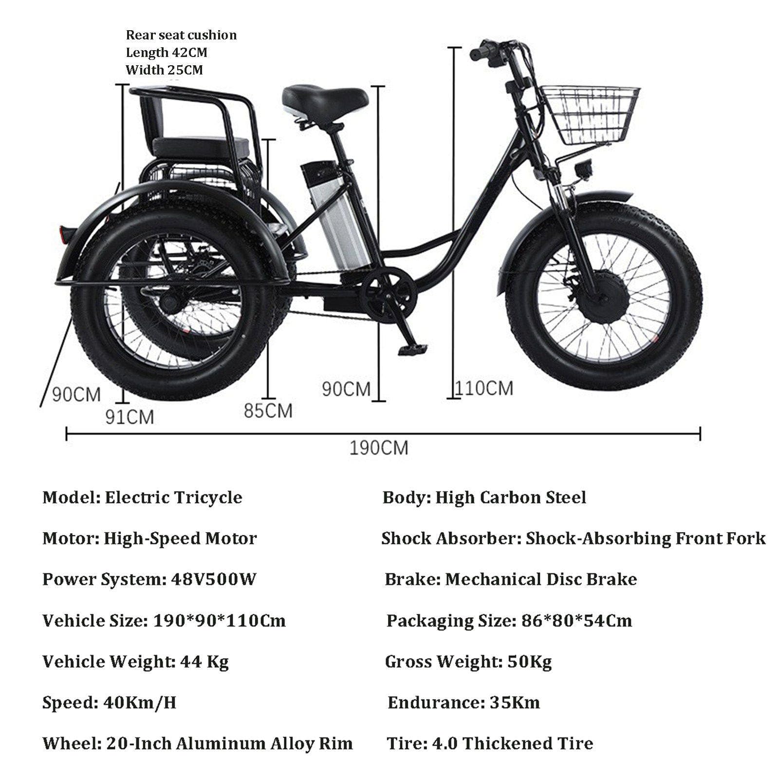 Triciclo elettrico per adulti, pneumatici larghi da 20'', batteria rimovibile da 48V/12Ah, portata massima 200 kg, cestino portaoggetti e seggiolino posteriore per bambini, autonomia di 35 k