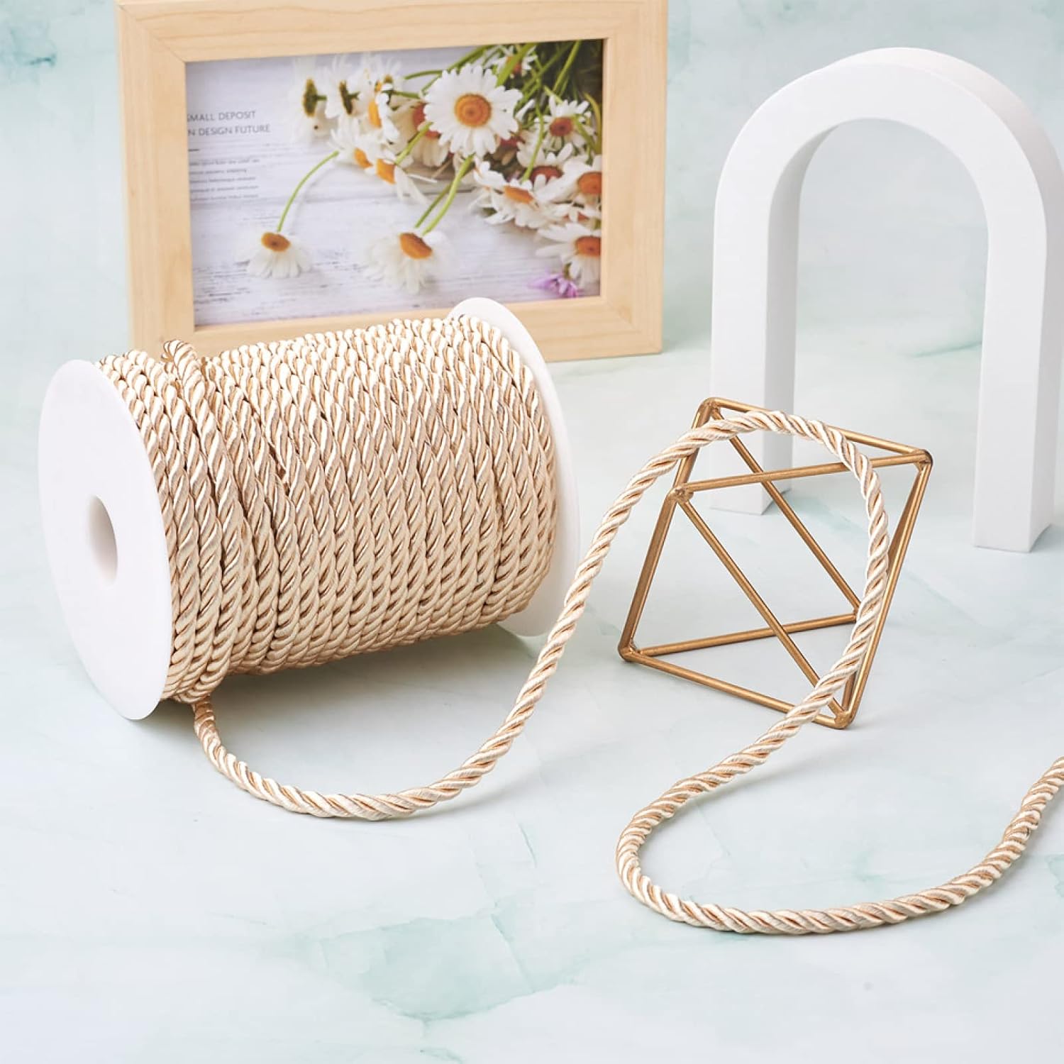 32.8 Yards Champagne Polyester Twisted Trim Cord Rope 5mm Twisted Decorative Cord Trim Thread String for Upholstery Curtain Tieback Honor Cord Home Decoration