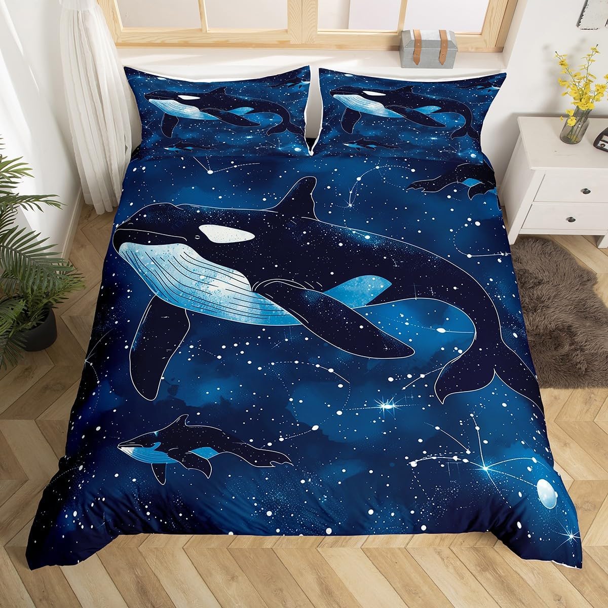 Ocean Whale Kids Duvet Cover Set Toddler Size,Fantasy Starry Nebula Galaxy Sky Glitter Bedding Set,Girls Boys Room Decor,Dreamy Marine Life Undersea Animal Quilt Cover,Navy,No Comforter
