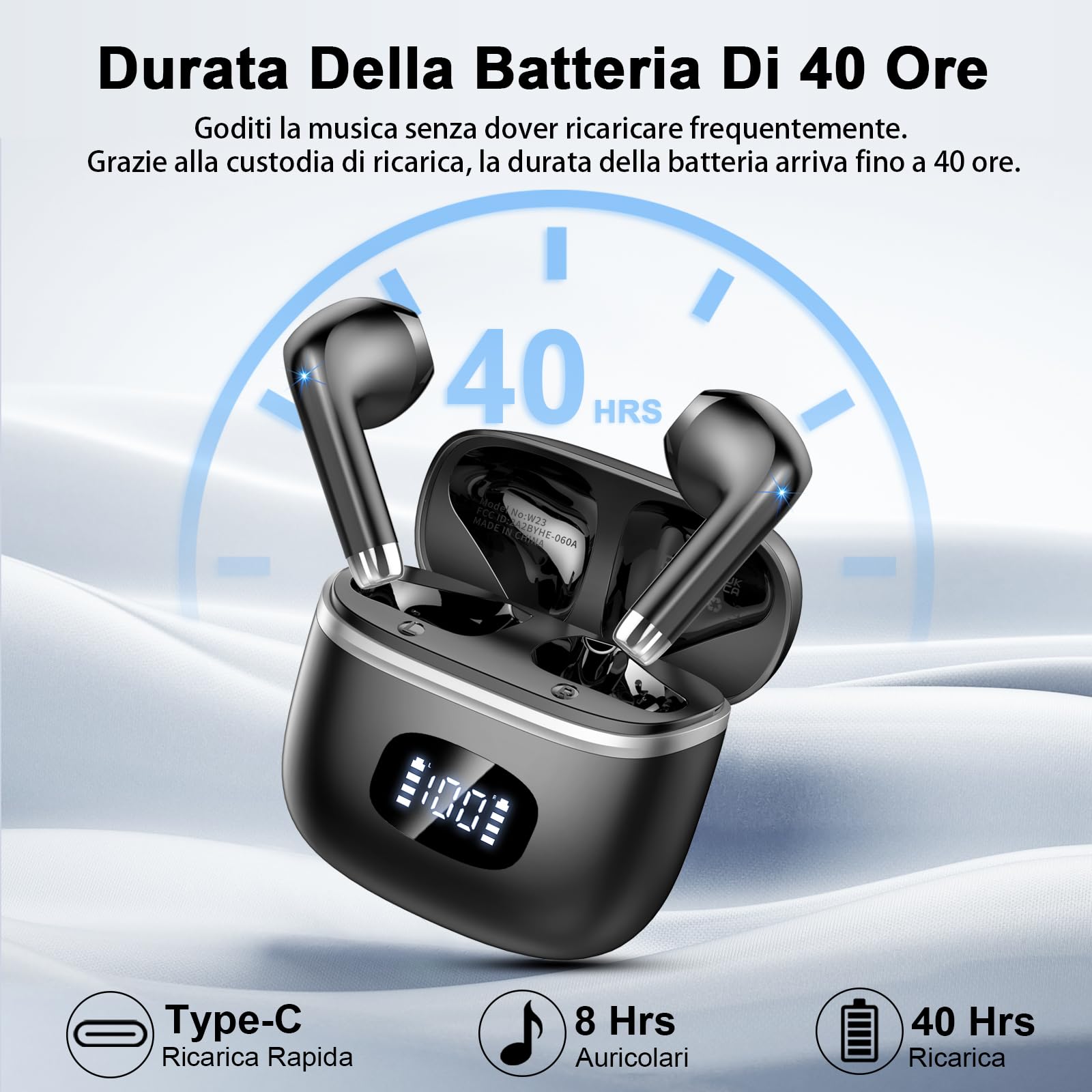 Cuffie Bluetooth, Auricolari Bluetooth 5.4 Stereo HiFi con 4 ENC Mic, 40 Ore Sport Cuffie Wireless IP7 Impermeabili con LED Display, Touch Control Cuffiette per Androide iOS, Ricarica Rapida USB-C