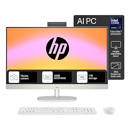 HP All-in-One 27, Intel Core Ultra 7 155U, 27inch (68.6 cm), FHD,IPS,Three-Sided Micro-Edge, Anti-Glare,300 nits,16 GB DDR5,1TB SSD,Windows 11,MSO21,Shell White,6.72kg,27-cr1007in