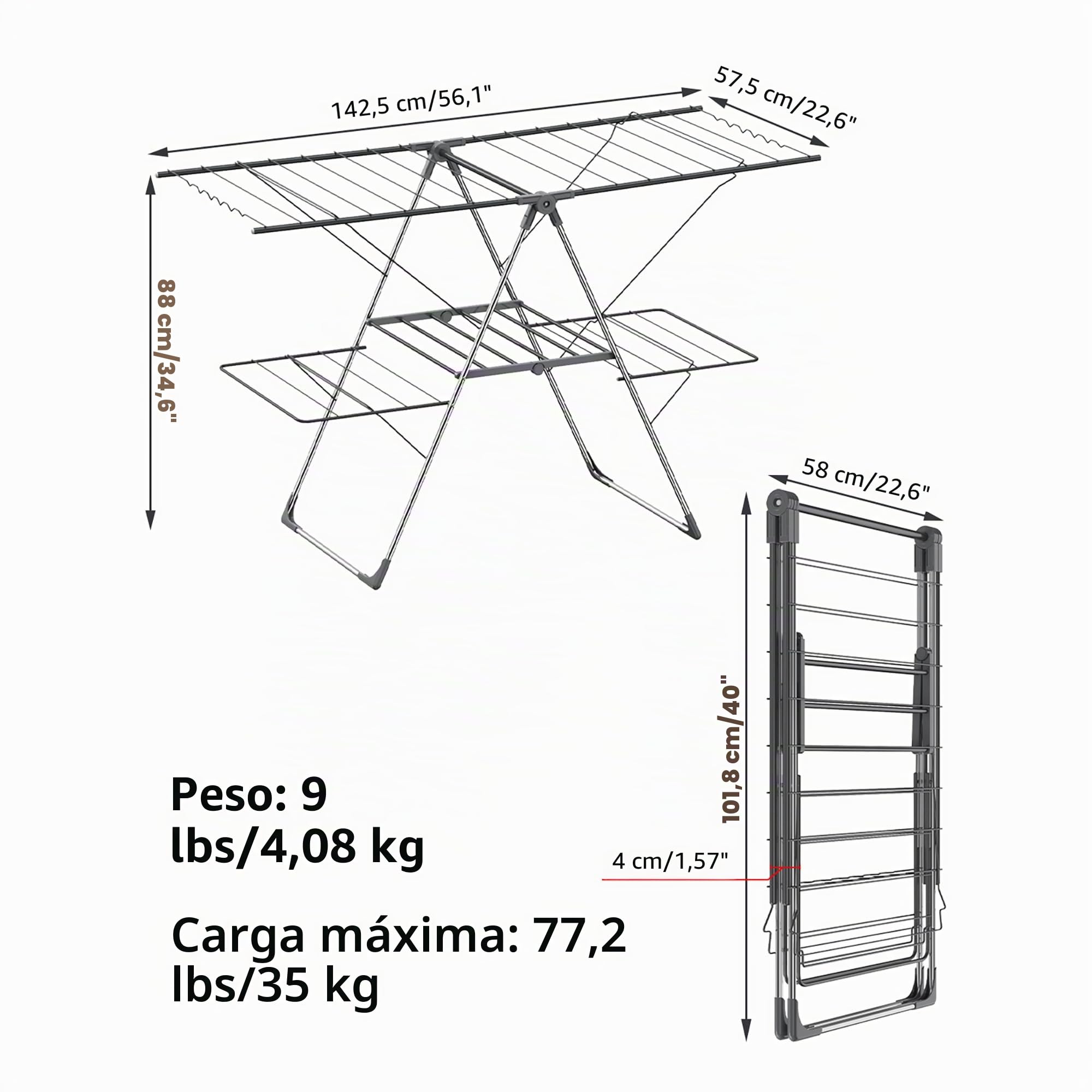 Innotic - Tendedero de Ropa Interior Exterior, Plegable, 2 Niveles, 4 alas Ajustables en Altura, Tancarville, Ropa XXL, 33 Barras, Gris
