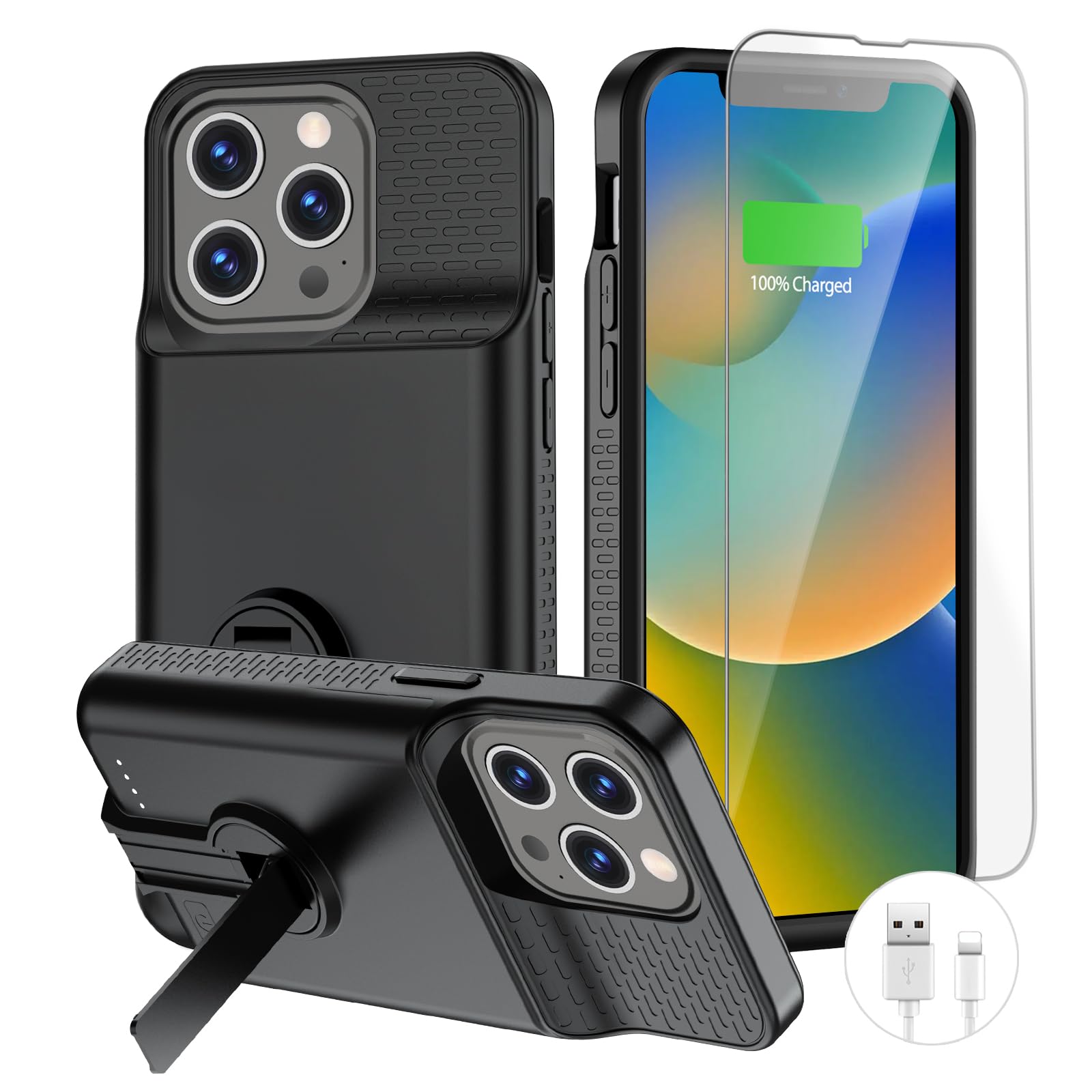 BOPPS Funda de carga de batería para iPhone 13 Pro Max/14 Pro Max/14 Plus【con soporte y Carplay】 8000 mAh, portátil, recargable, fuerte, funda de carga extendida para iPhone, color negro