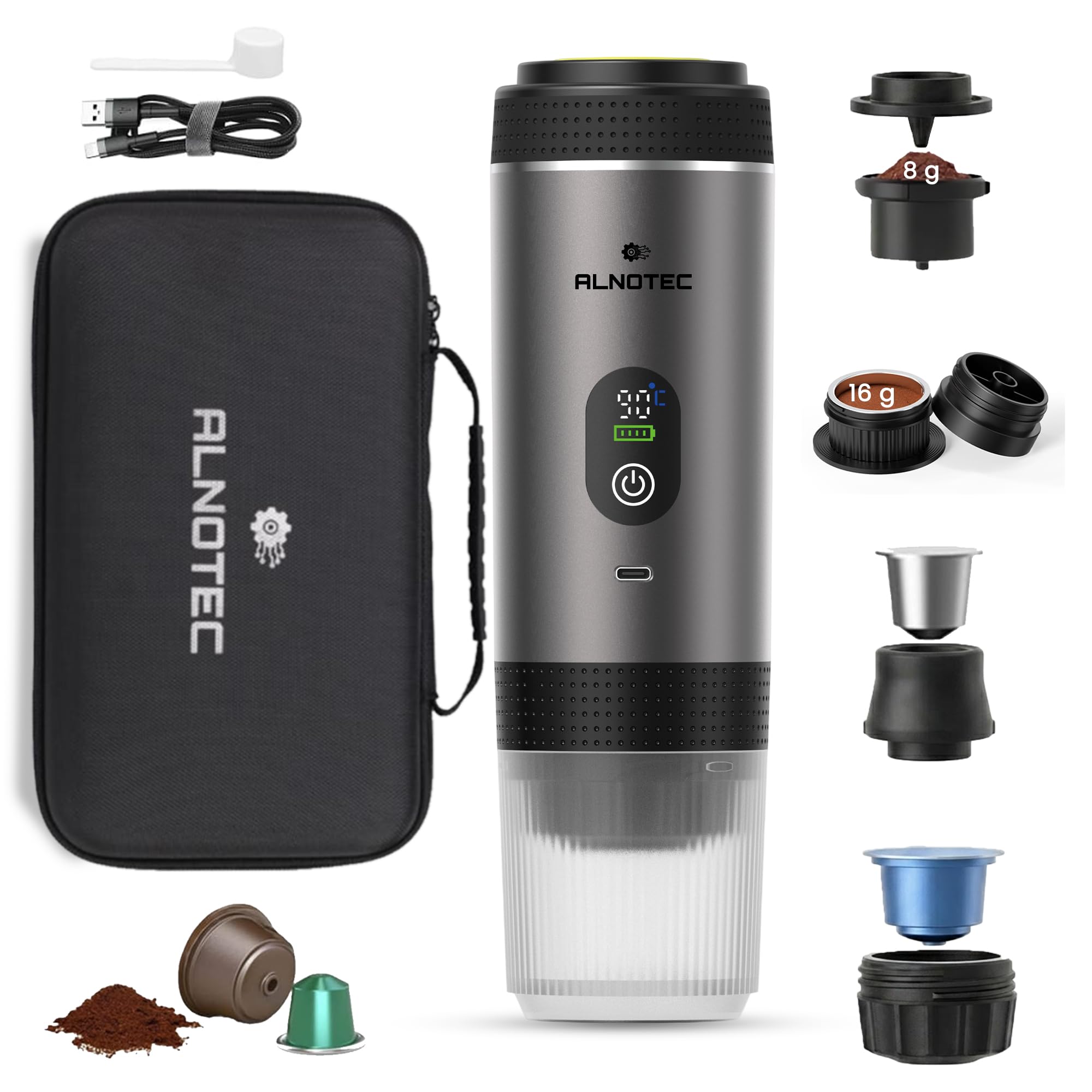 Macchina da caffè portatile elettrica 20 bar auto-riscaldante – 3 in 1 compatibile con capsule NES®, DG® e Caffè Macinato – 2 Adattatori Caffè Macinato 8 g/16 g – LED – USB-C + Borsa