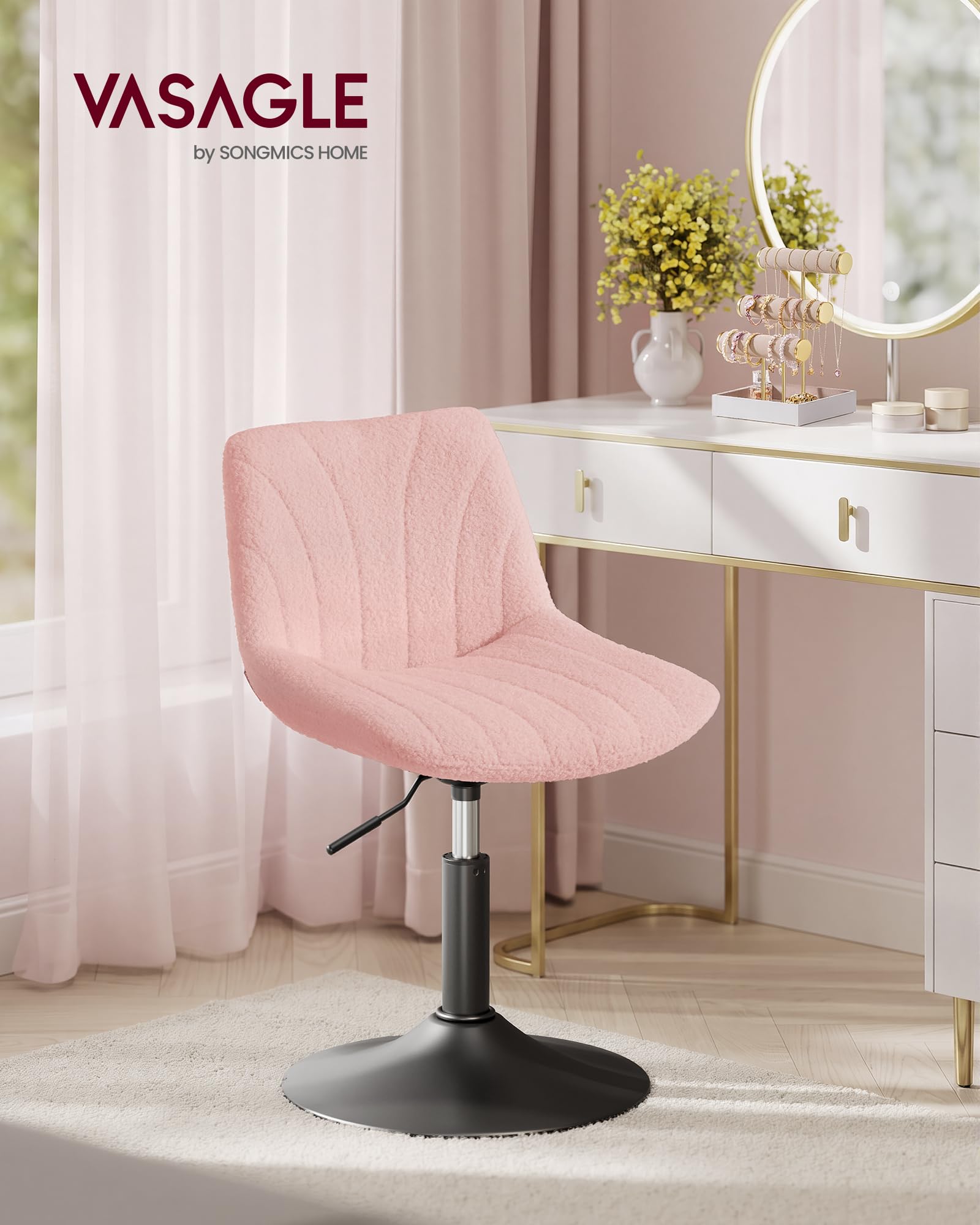 VASAGLE Schminkhocker, Schminkstuhl mit Rückenlehne, höhenverstellbar, um 360° drehbar, für Schlafzimmer, Esszimer, Sherpa-Bezug, Pastellrosa LJB160S101