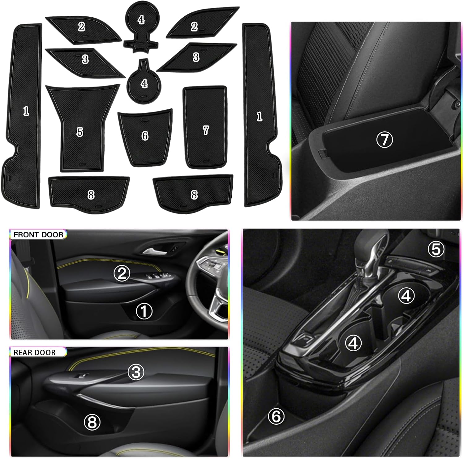 SKTU 2024 2025 2026 Chevy Trax Door Slot Mat for 2024 2025 2026 Chevrolet Trax (LS,1RS,LT,2RS,ACTIV) 14PCS Fit 2024 2025 2026 Chevy Trax Accessories Door Compartment Cup Center Console Liners (Black)