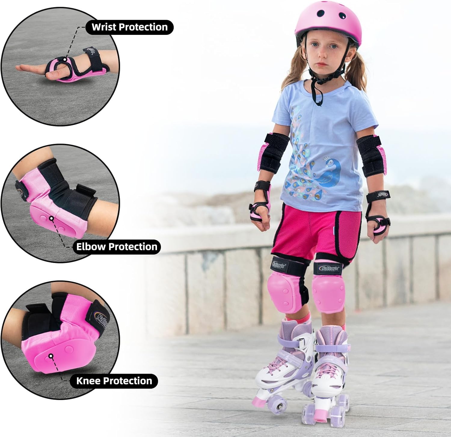 Nattork Roller Skates with Helmet & Knee Pads Protection for Kids Boys Girls Ages 4-8 Pink Skates Size 10-13C