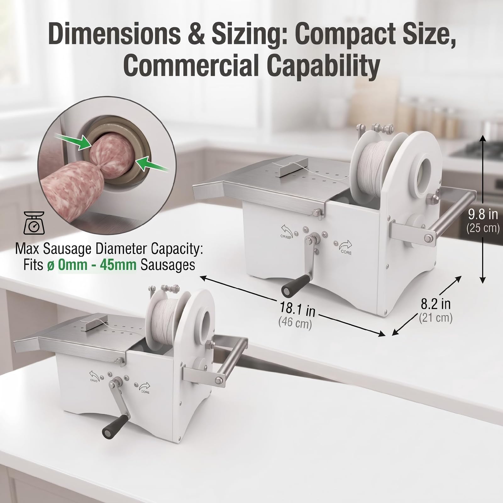 Enlazadora manual de salchichas, máquina de atado de salchichas acero | Diámetro de 0-42 mm, 50 nudos por minuto, para carnicería comercial, restaurante y uso doméstico