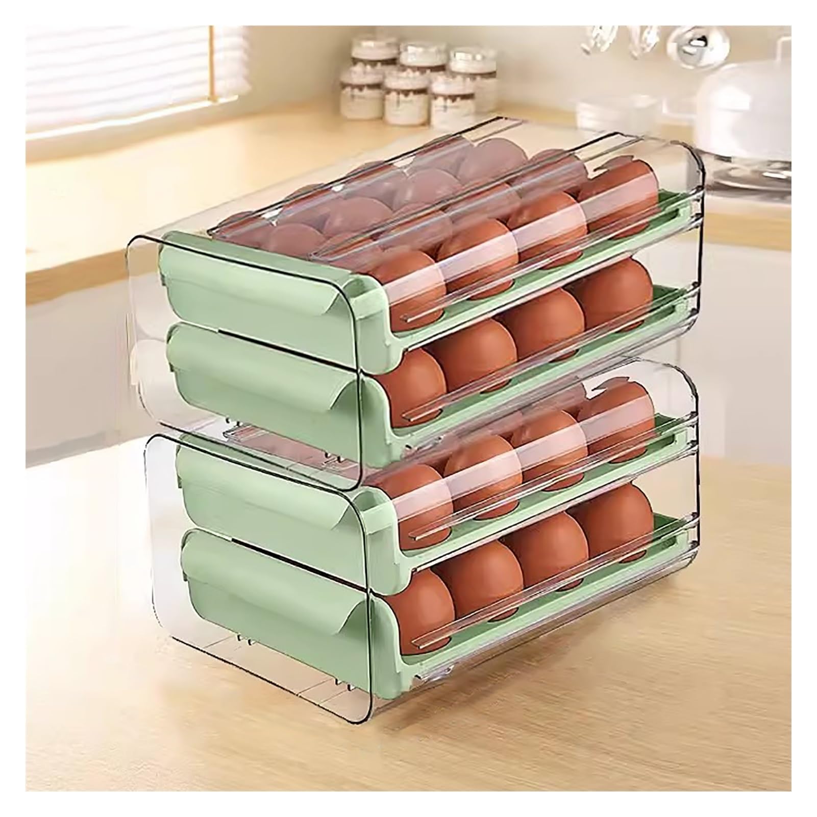 Contenedor for guardar huevos con cajones, capacidad for 32/64 huevos, organizador apilable for huevos, dispensador de huevos(Green,23.5x21.5x26.5cm)